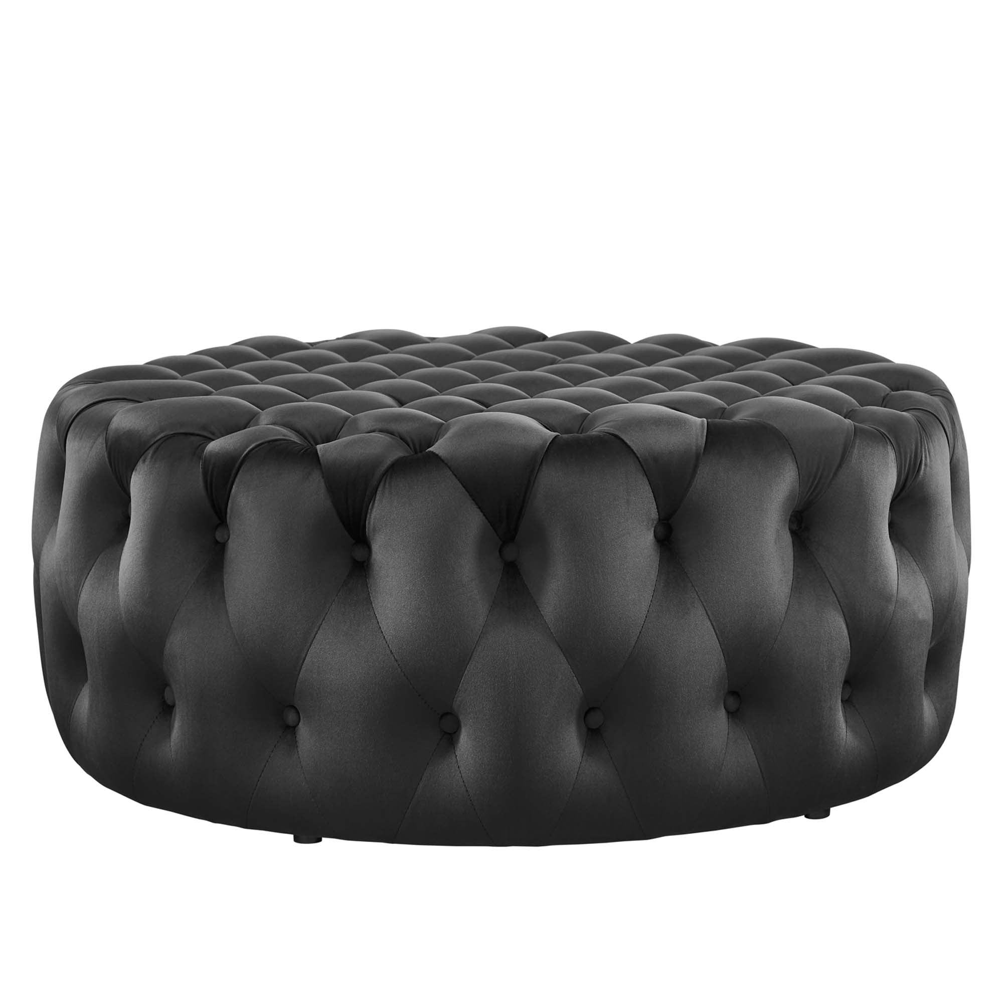 Amour Tufted Button Large Round Performance Velvet Ottoman, Black