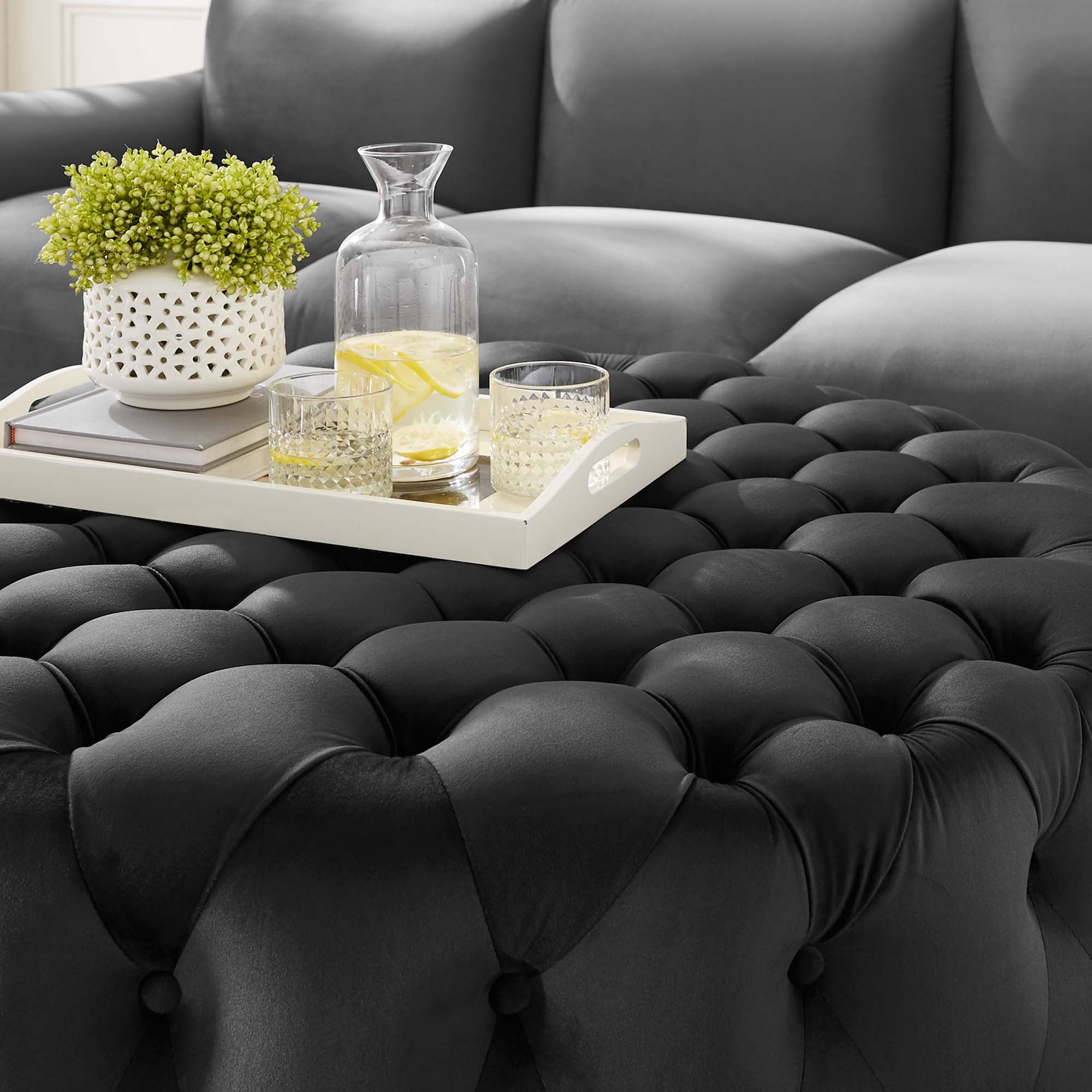 Amour Tufted Button Large Round Performance Velvet Ottoman, Black
