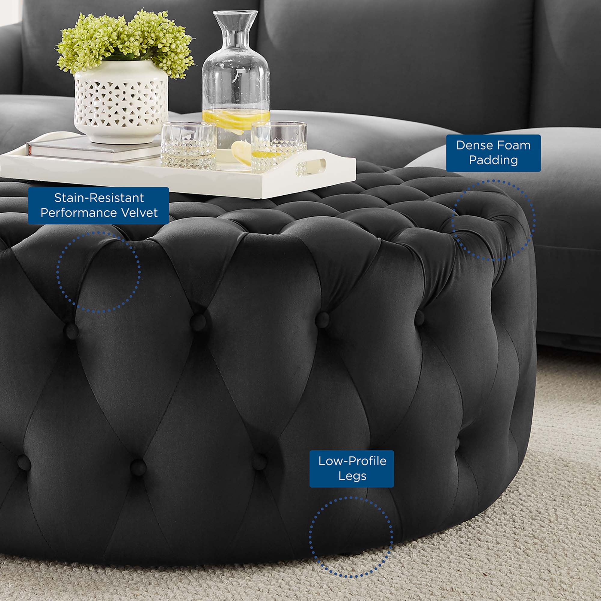 Amour Tufted Button Large Round Performance Velvet Ottoman, Black