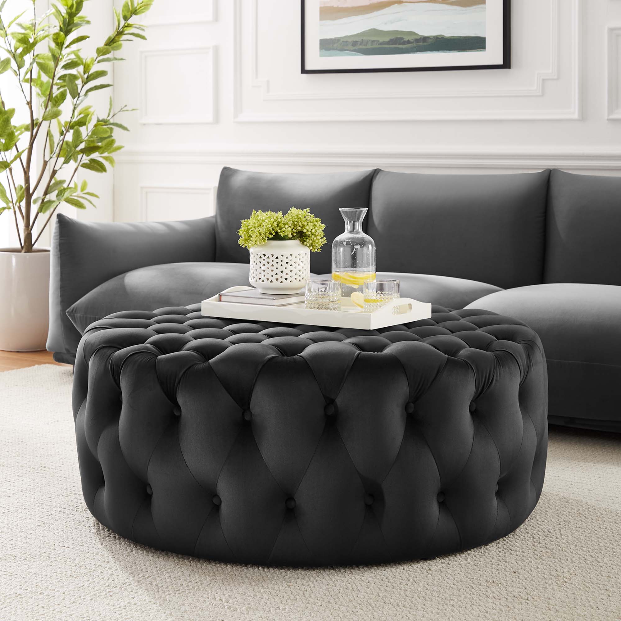 Amour Tufted Button Large Round Performance Velvet Ottoman, Black