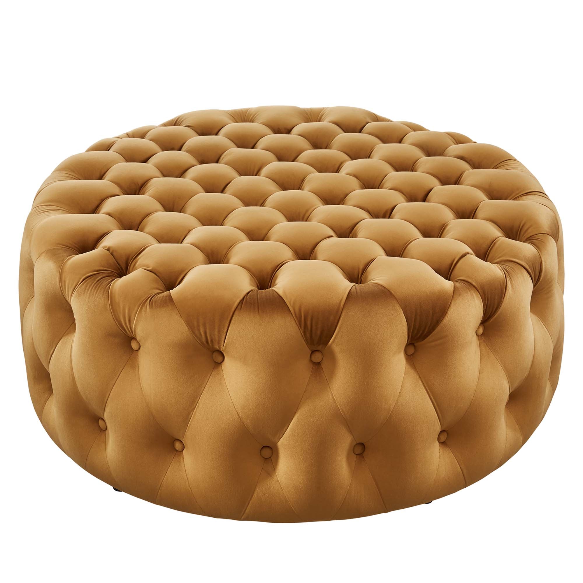 Amour Tufted Button Large Round Performance Velvet Ottoman, Cognac