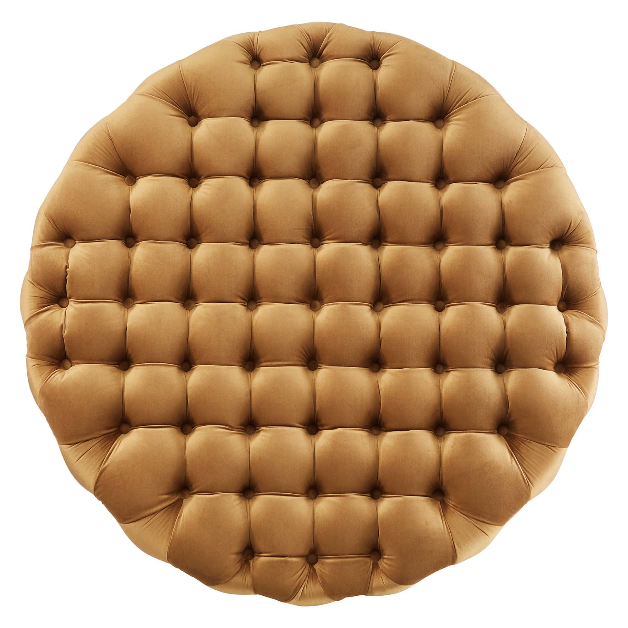 Amour Tufted Button Large Round Performance Velvet Ottoman, Cognac