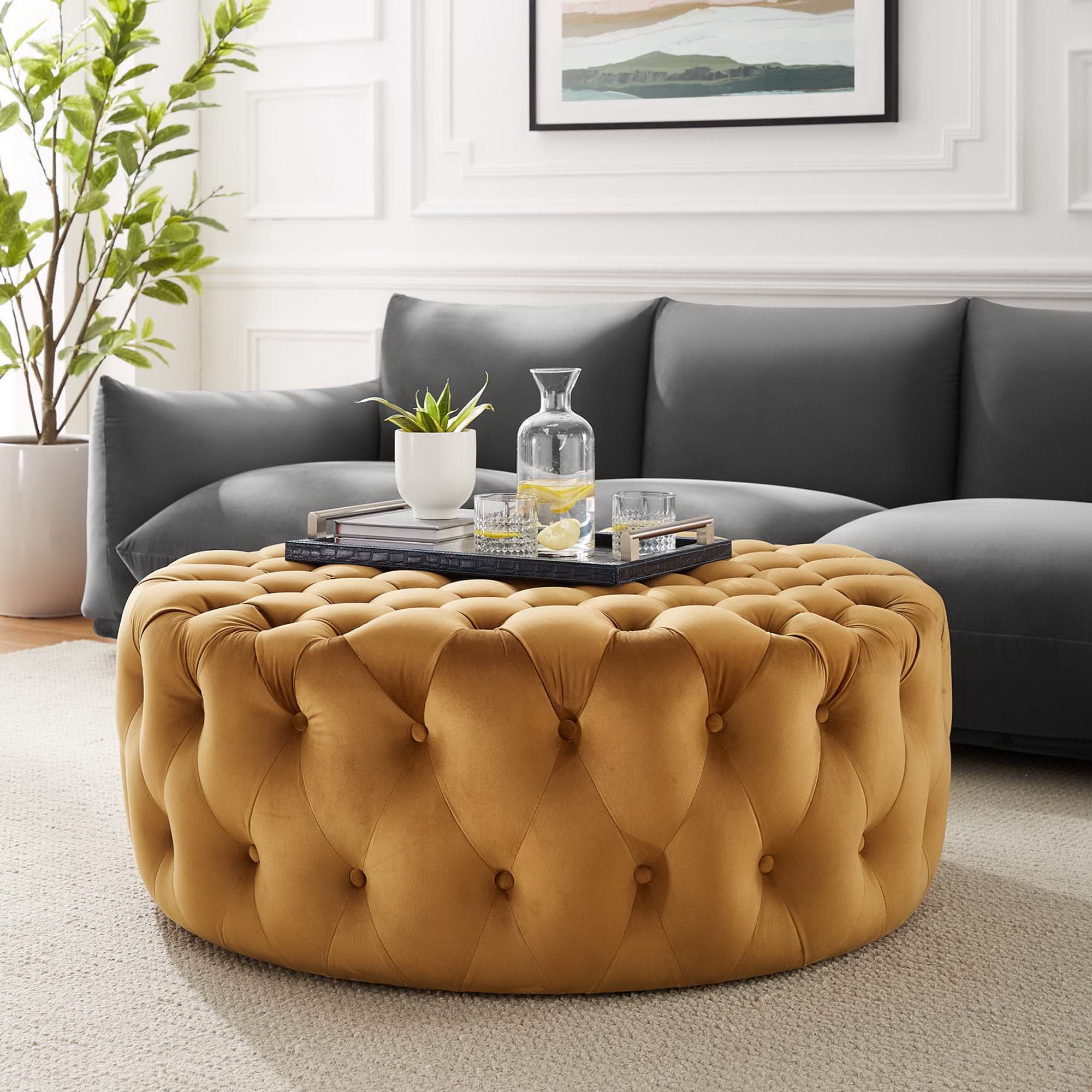 Amour Tufted Button Large Round Performance Velvet Ottoman, Cognac