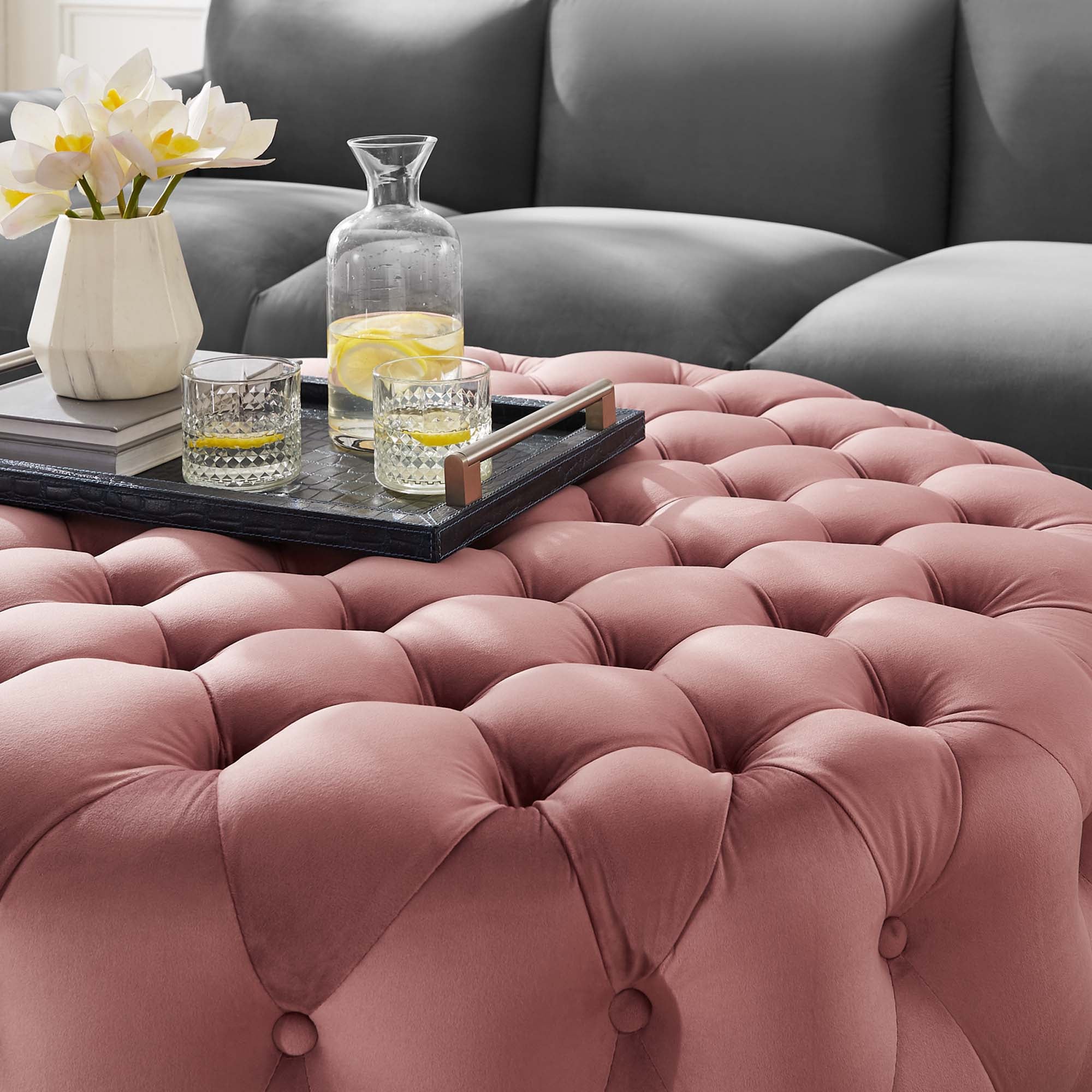Amour Tufted Button Large Round Performance Velvet Ottoman, Dusty Rose