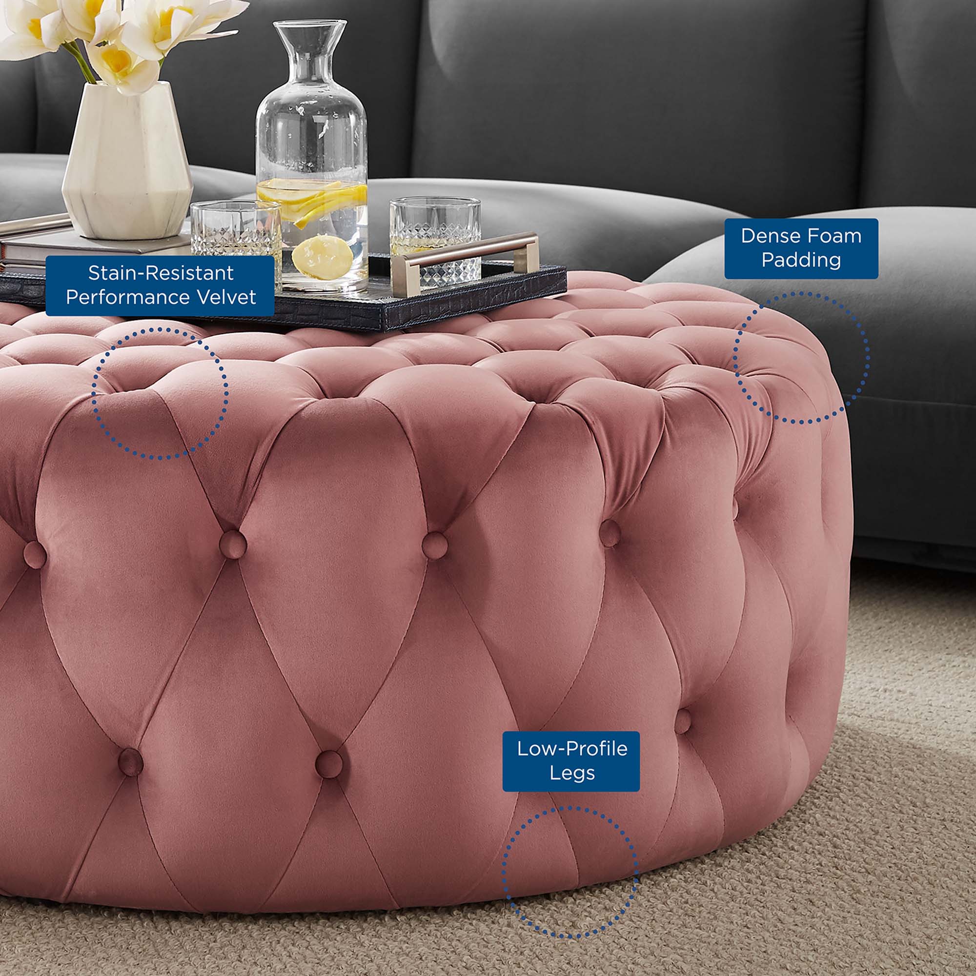 Amour Tufted Button Large Round Performance Velvet Ottoman, Dusty Rose