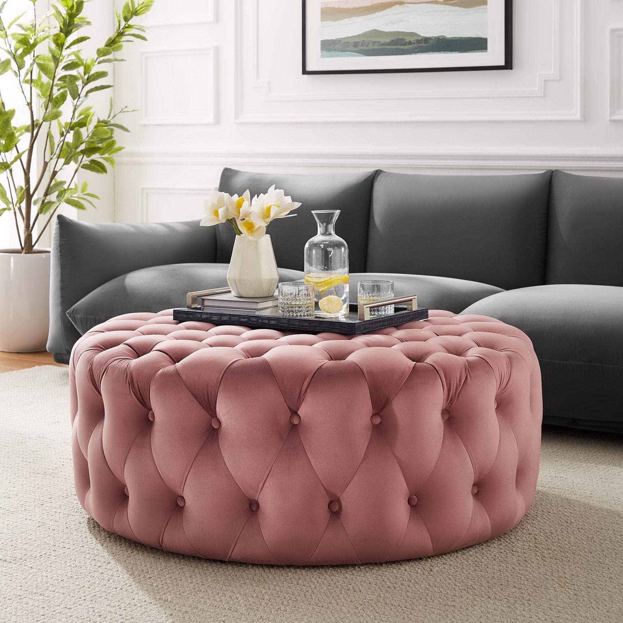 Amour Tufted Button Large Round Performance Velvet Ottoman, Dusty Rose