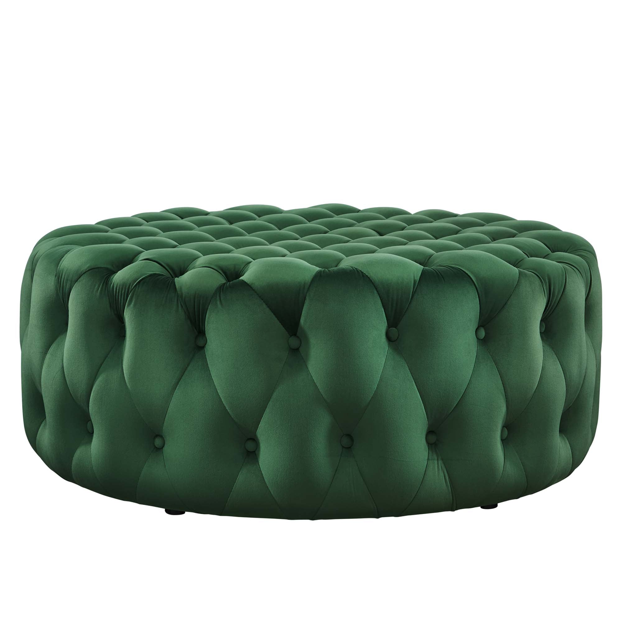 Amour Tufted Button Large Round Performance Velvet Ottoman, Emerald