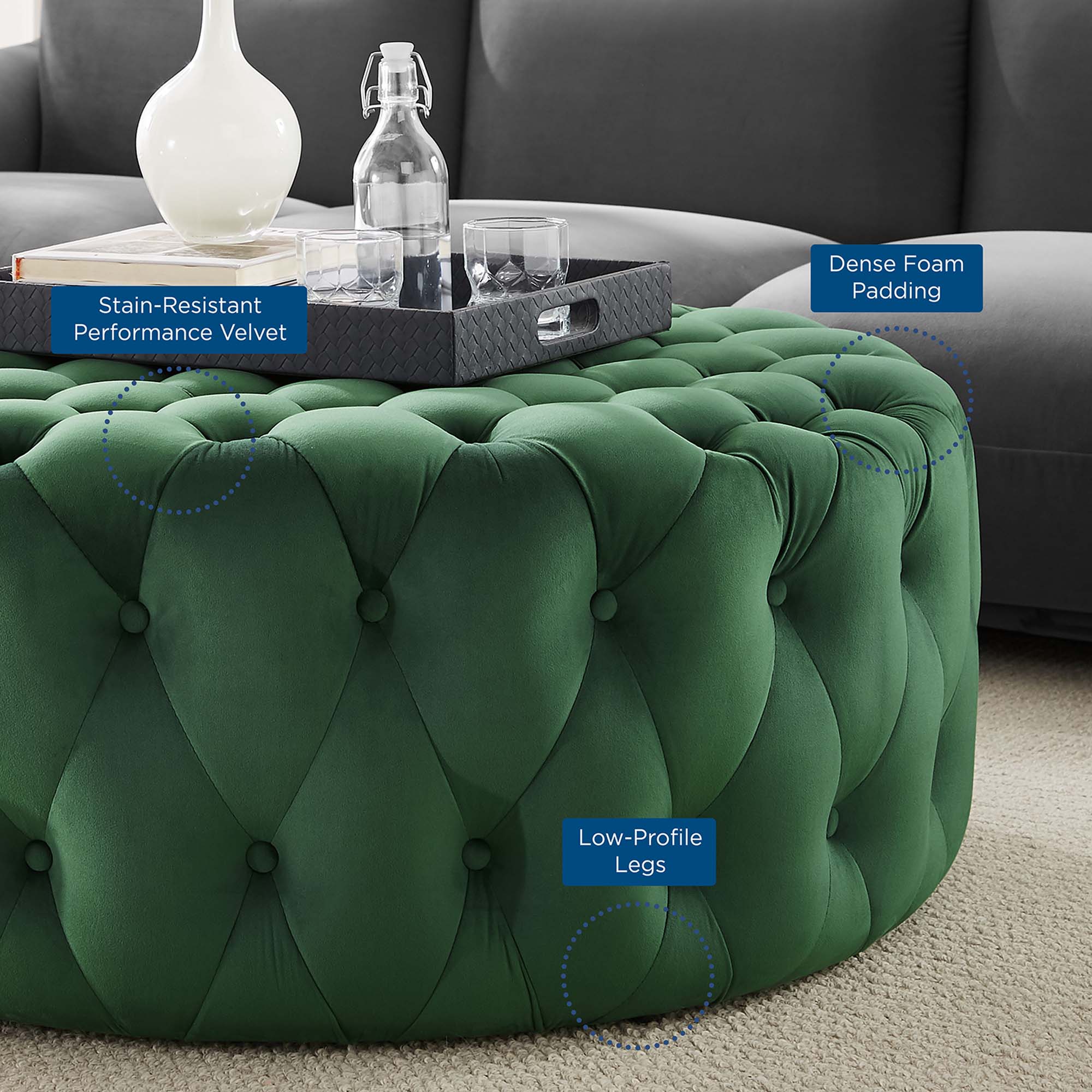 Amour Tufted Button Large Round Performance Velvet Ottoman, Emerald