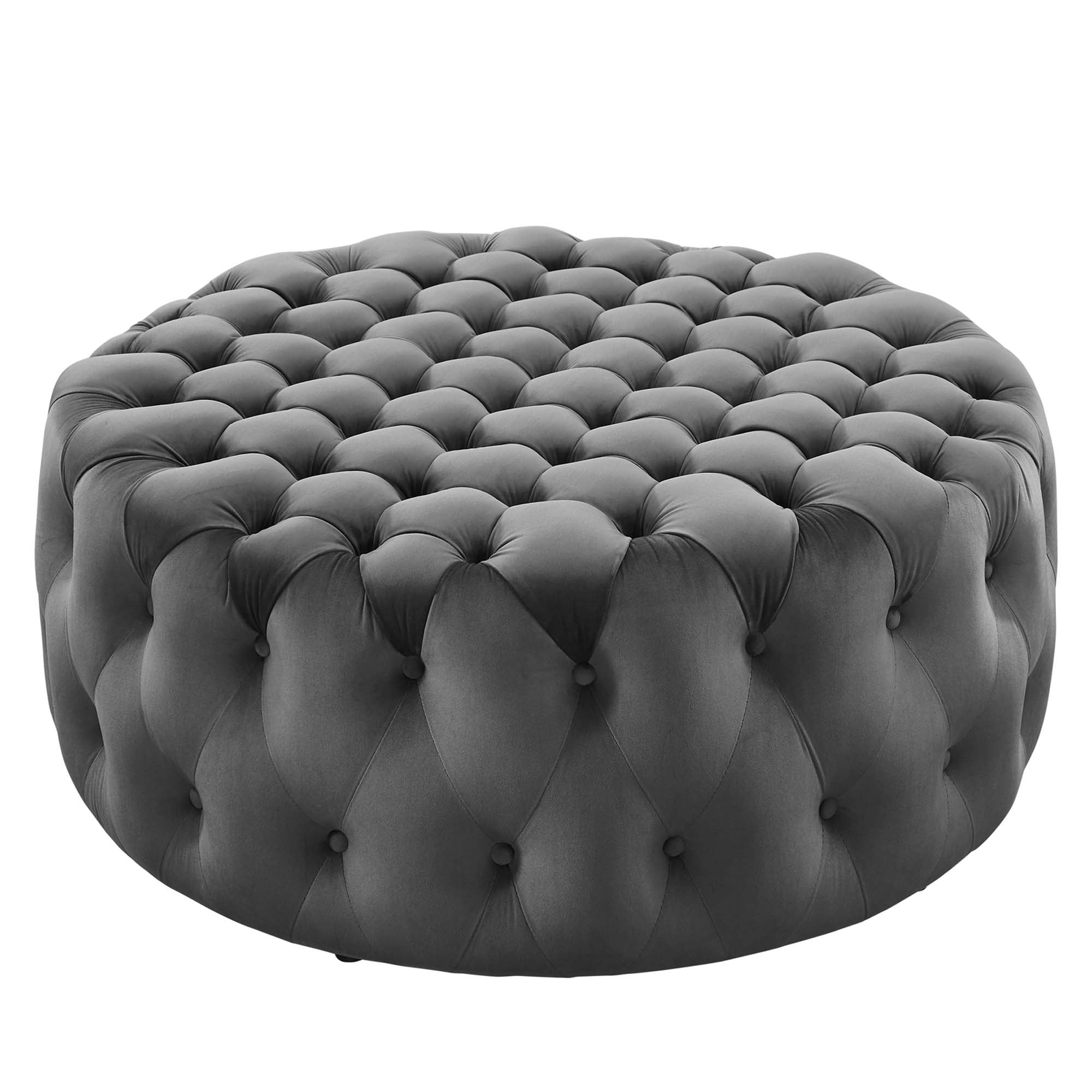 Amour Tufted Button Large Round Performance Velvet Ottoman, Gray