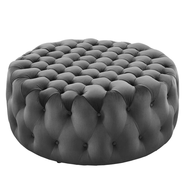Amour Tufted Button Large Round Performance Velvet Ottoman, Gray