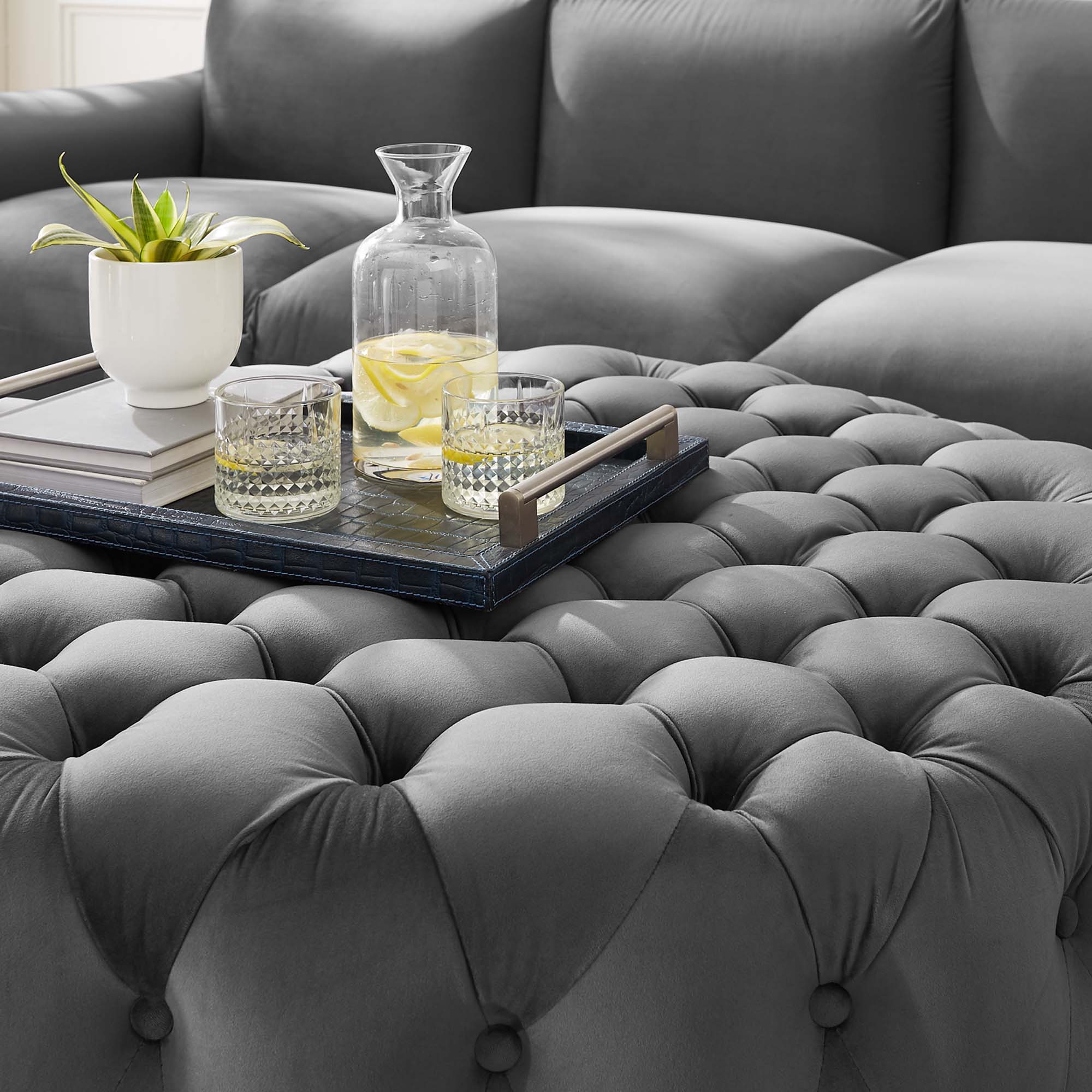 Amour Tufted Button Large Round Performance Velvet Ottoman, Gray