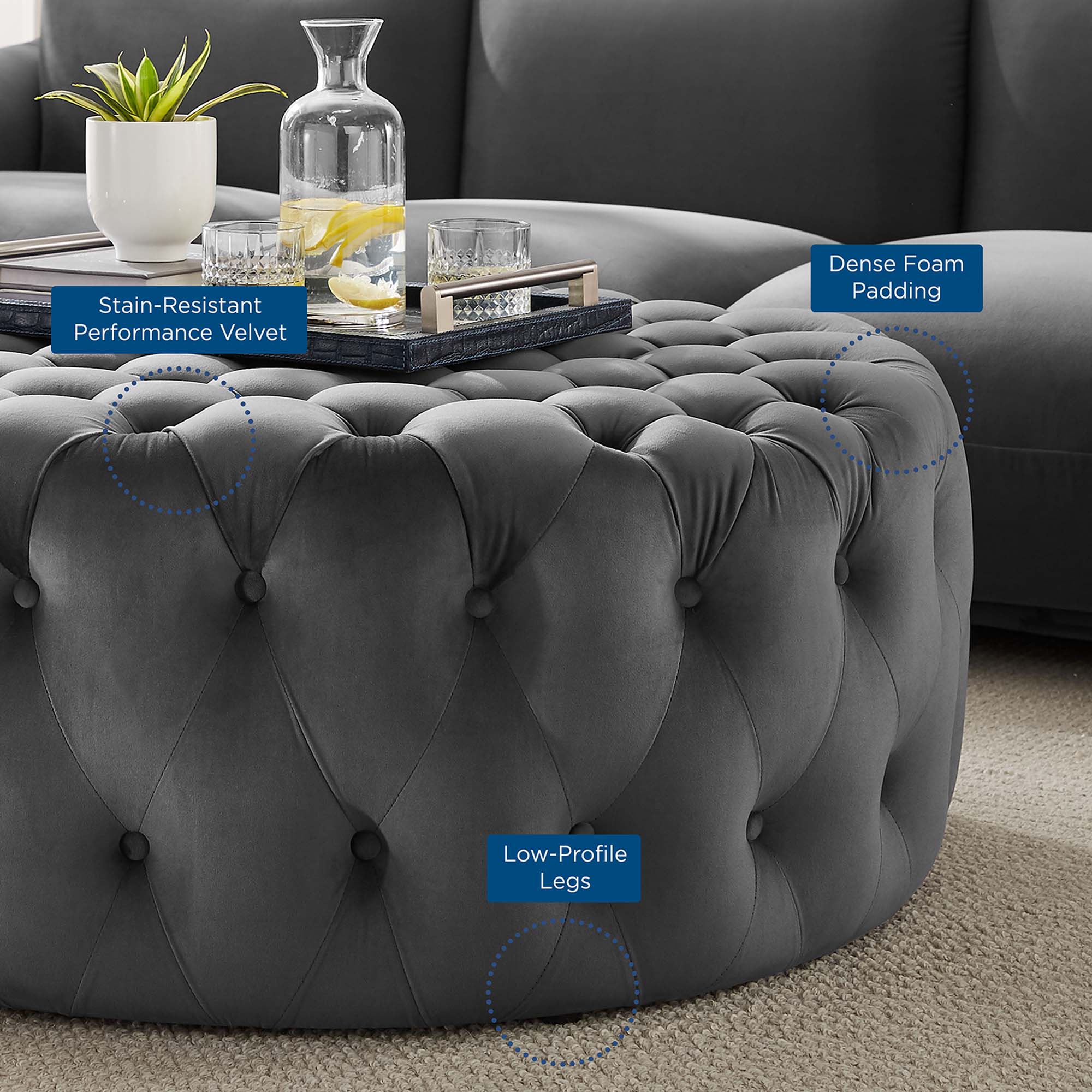 Amour Tufted Button Large Round Performance Velvet Ottoman, Gray