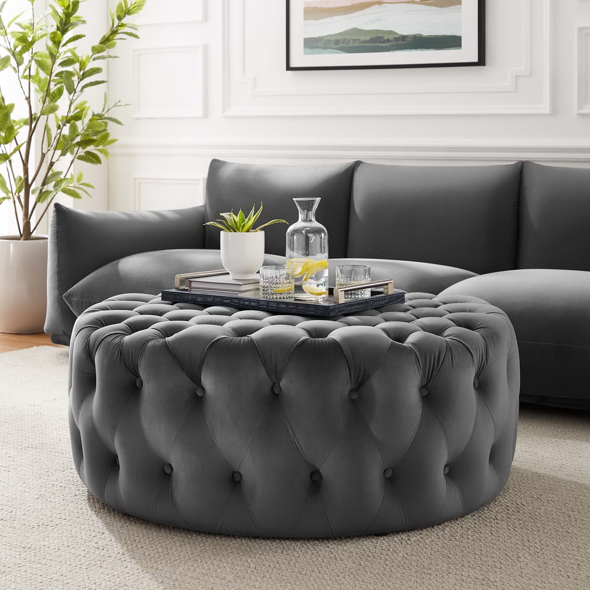 Amour Tufted Button Large Round Performance Velvet Ottoman, Gray
