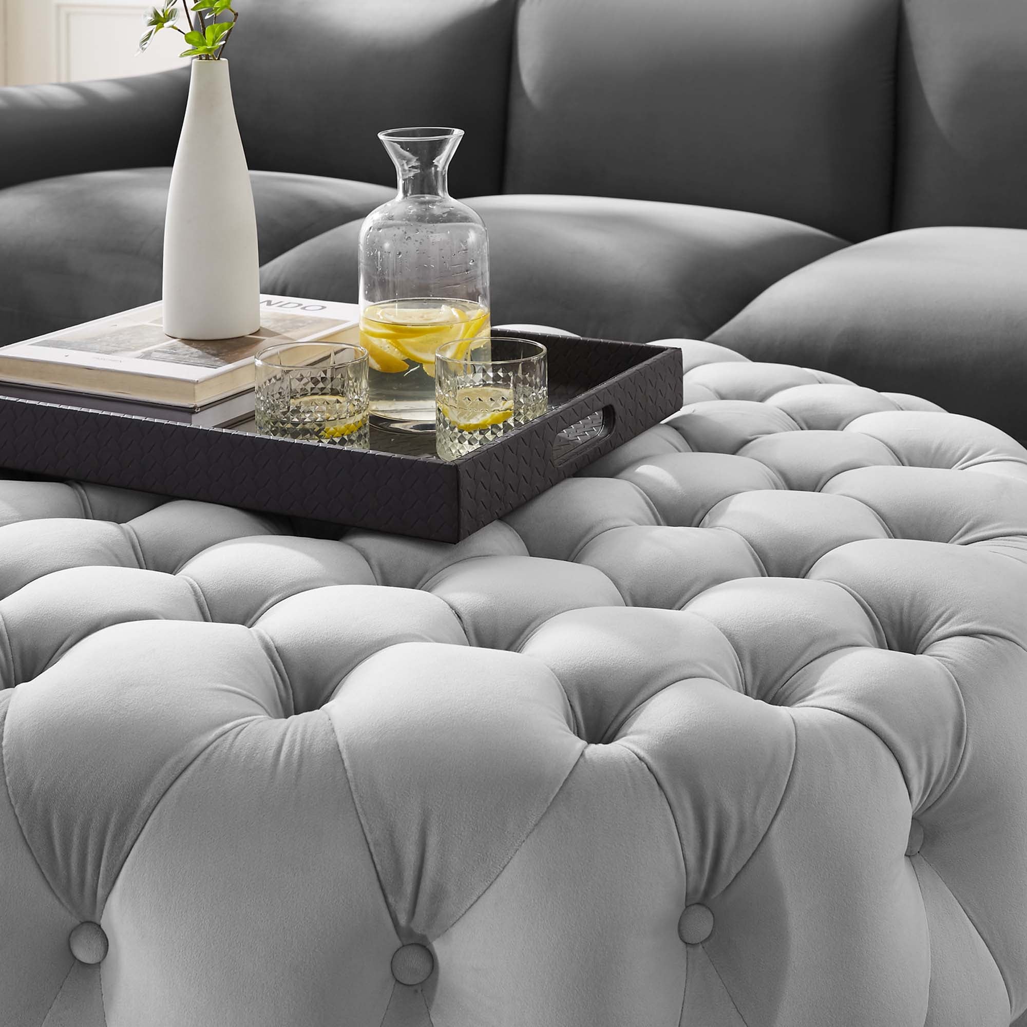 Amour Tufted Button Large Round Performance Velvet Ottoman, Light Gray