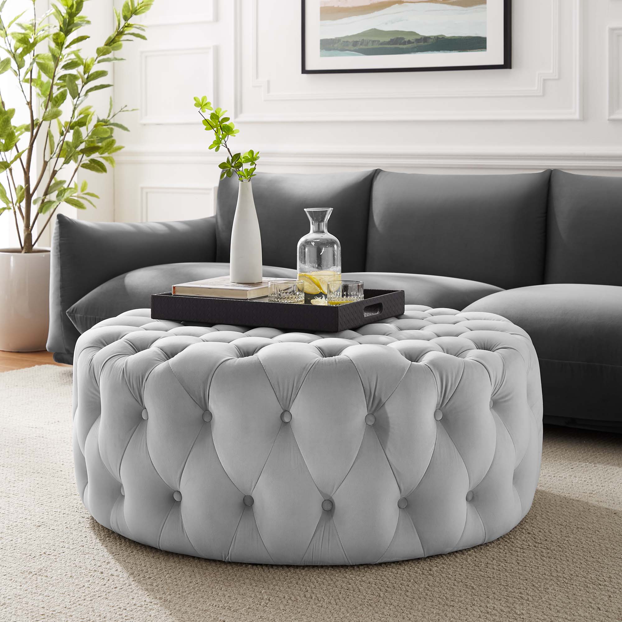 Amour Tufted Button Large Round Performance Velvet Ottoman, Light Gray