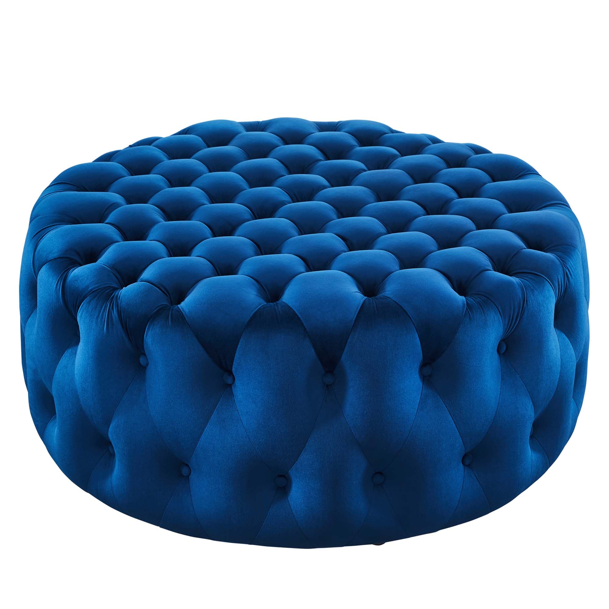 Amour Tufted Button Large Round Performance Velvet Ottoman, Navy