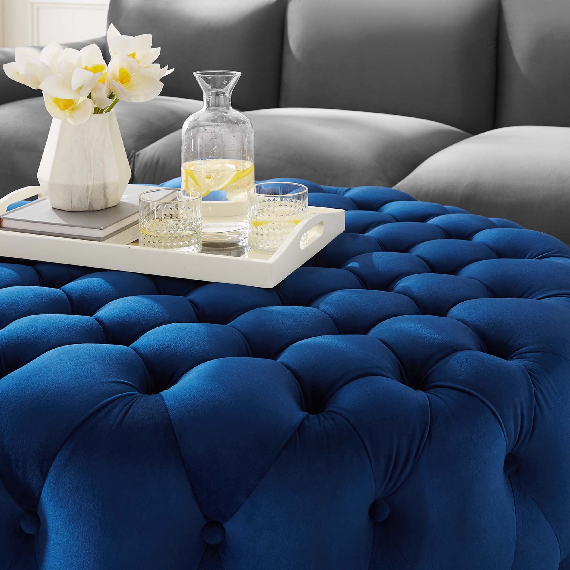 Amour Tufted Button Large Round Performance Velvet Ottoman, Navy