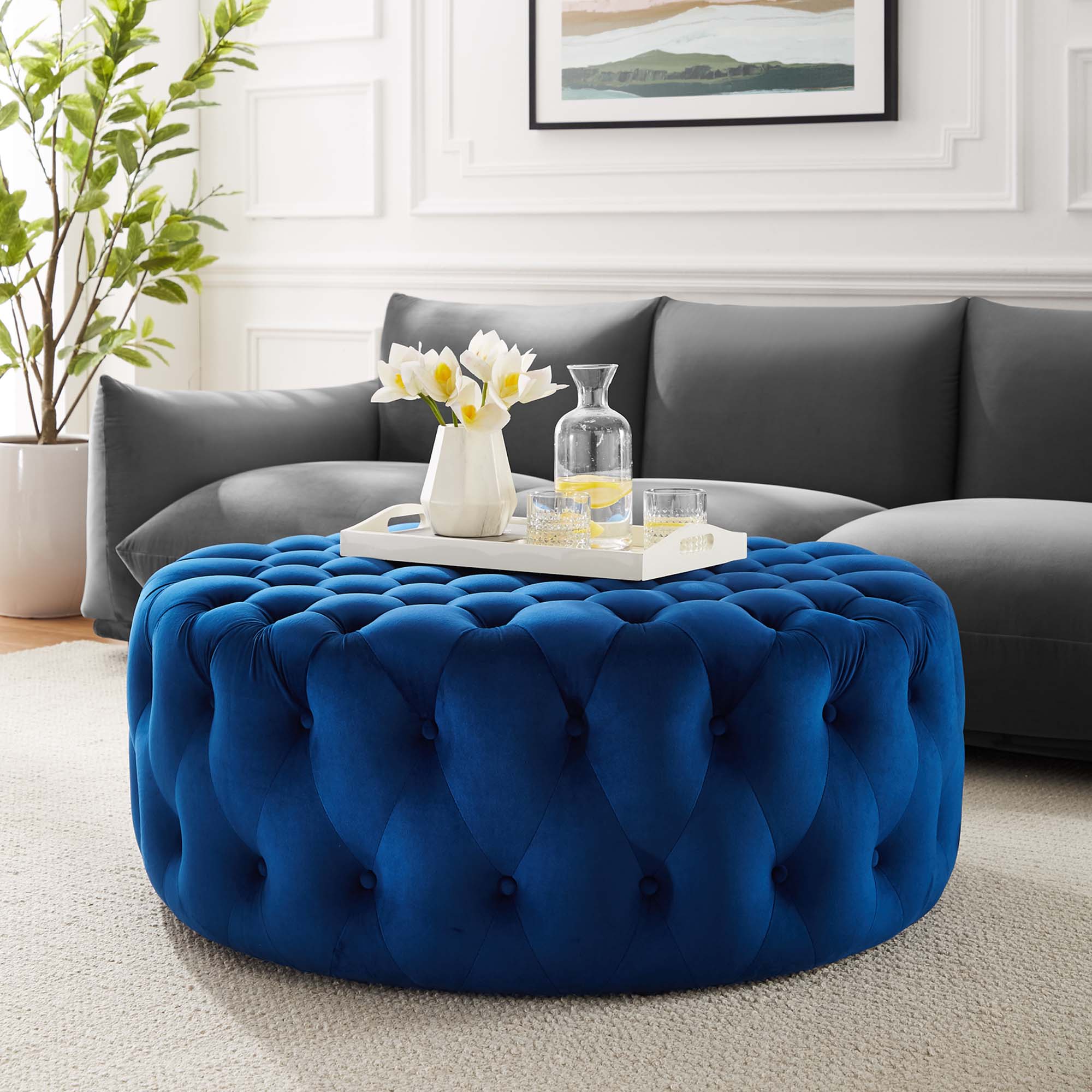 Amour Tufted Button Large Round Performance Velvet Ottoman, Navy