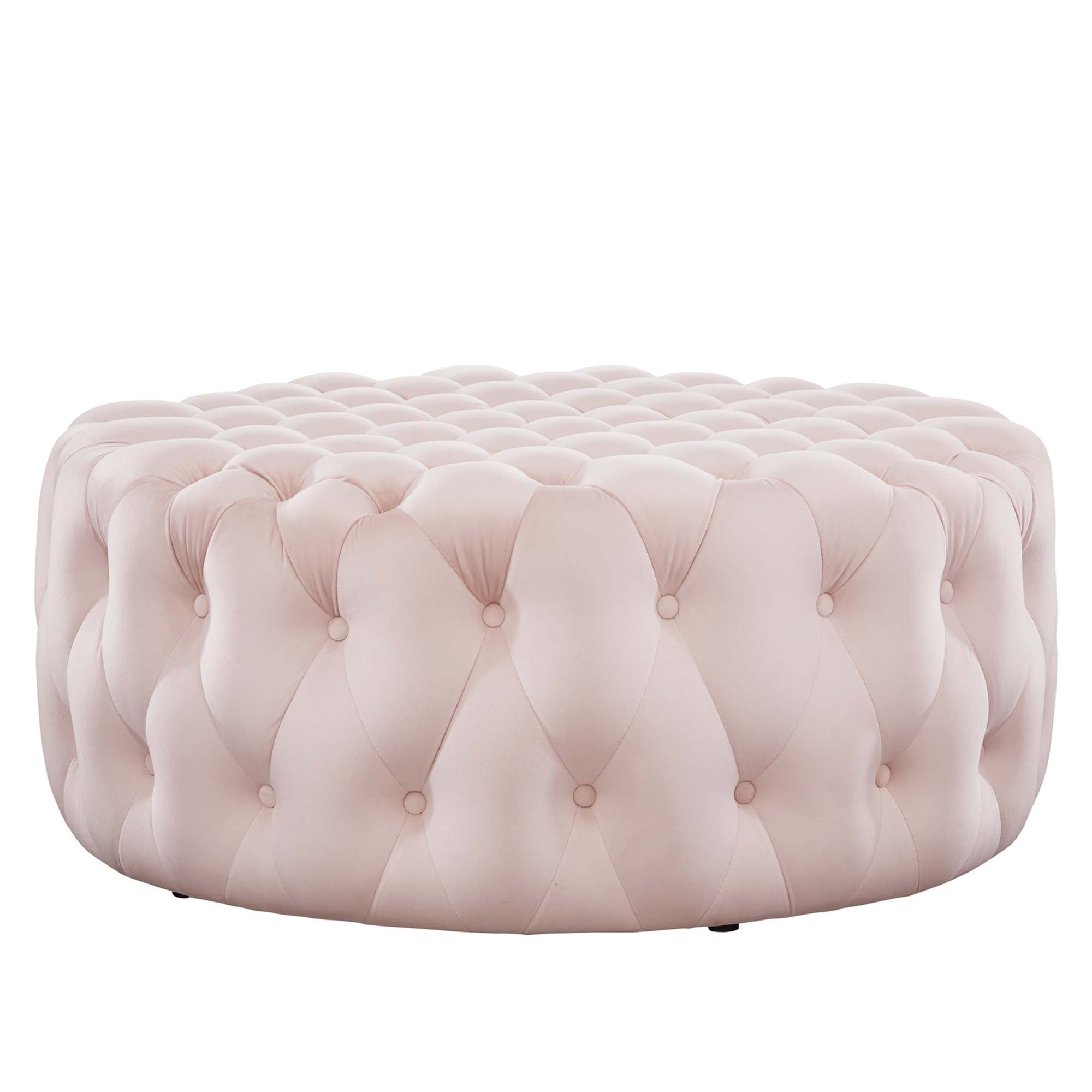 Amour Tufted Button Large Round Performance Velvet Ottoman, Pink