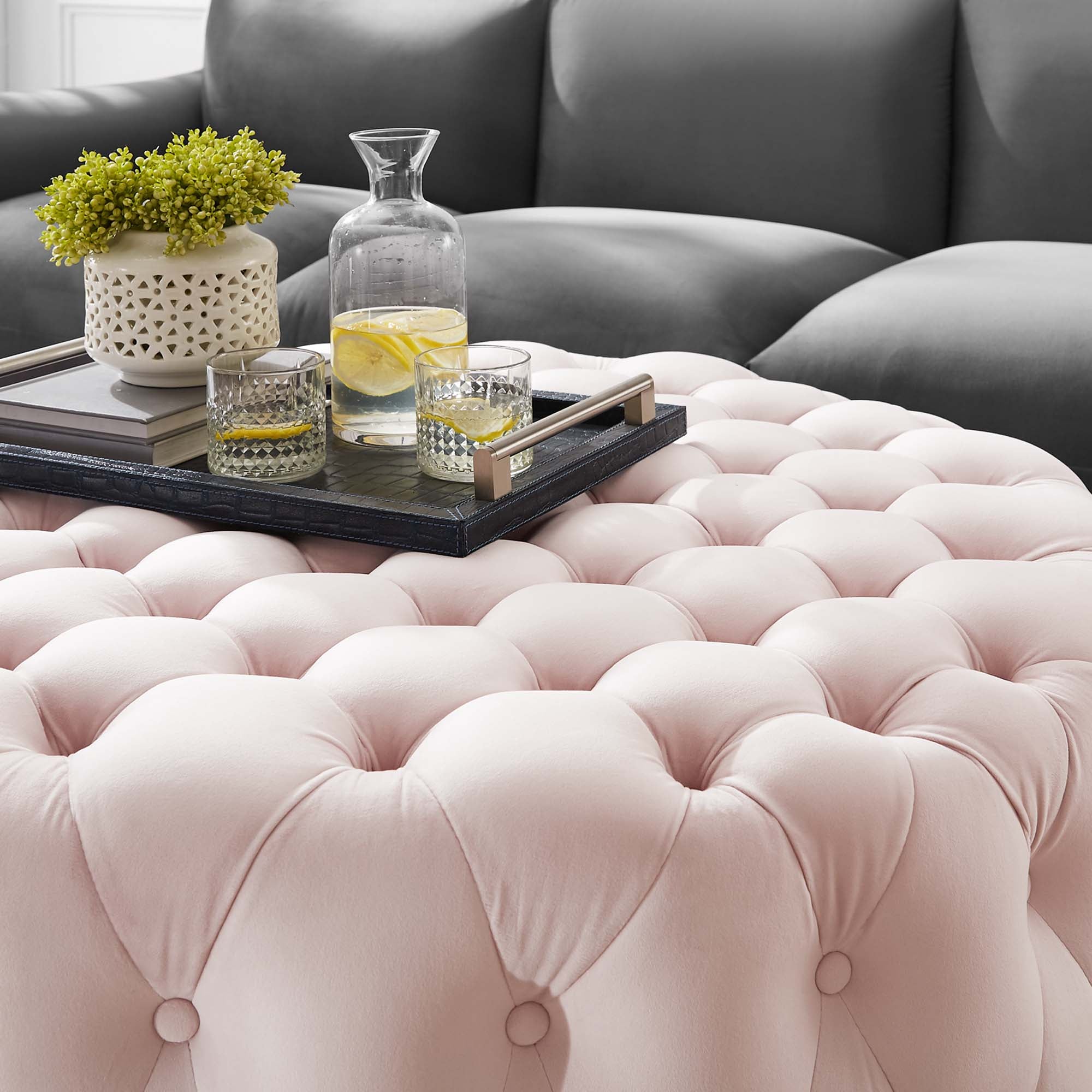 Amour Tufted Button Large Round Performance Velvet Ottoman, Pink
