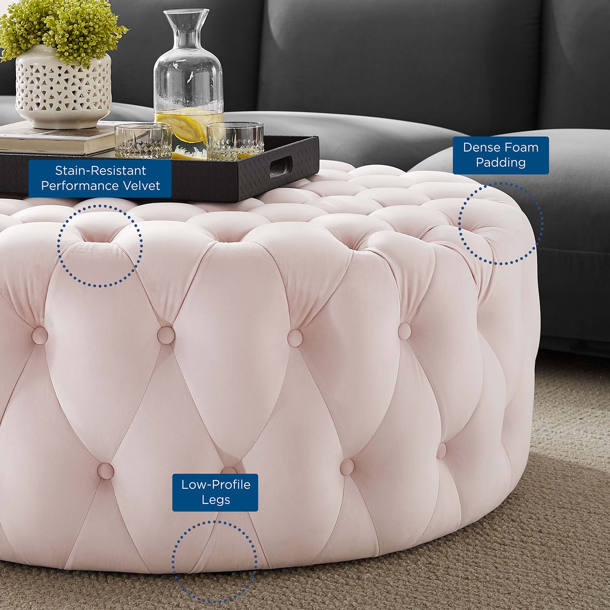 Amour Tufted Button Large Round Performance Velvet Ottoman, Pink