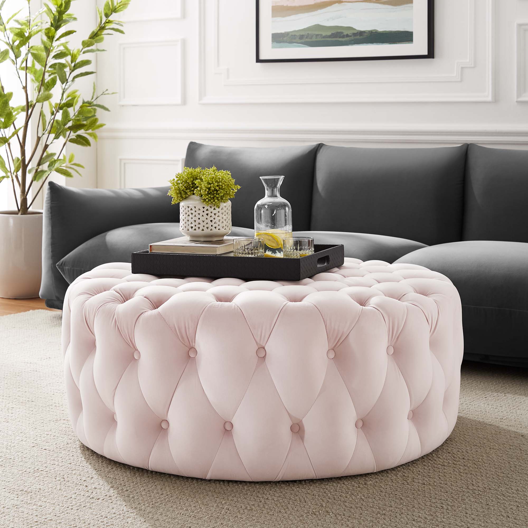 Amour Tufted Button Large Round Performance Velvet Ottoman, Pink