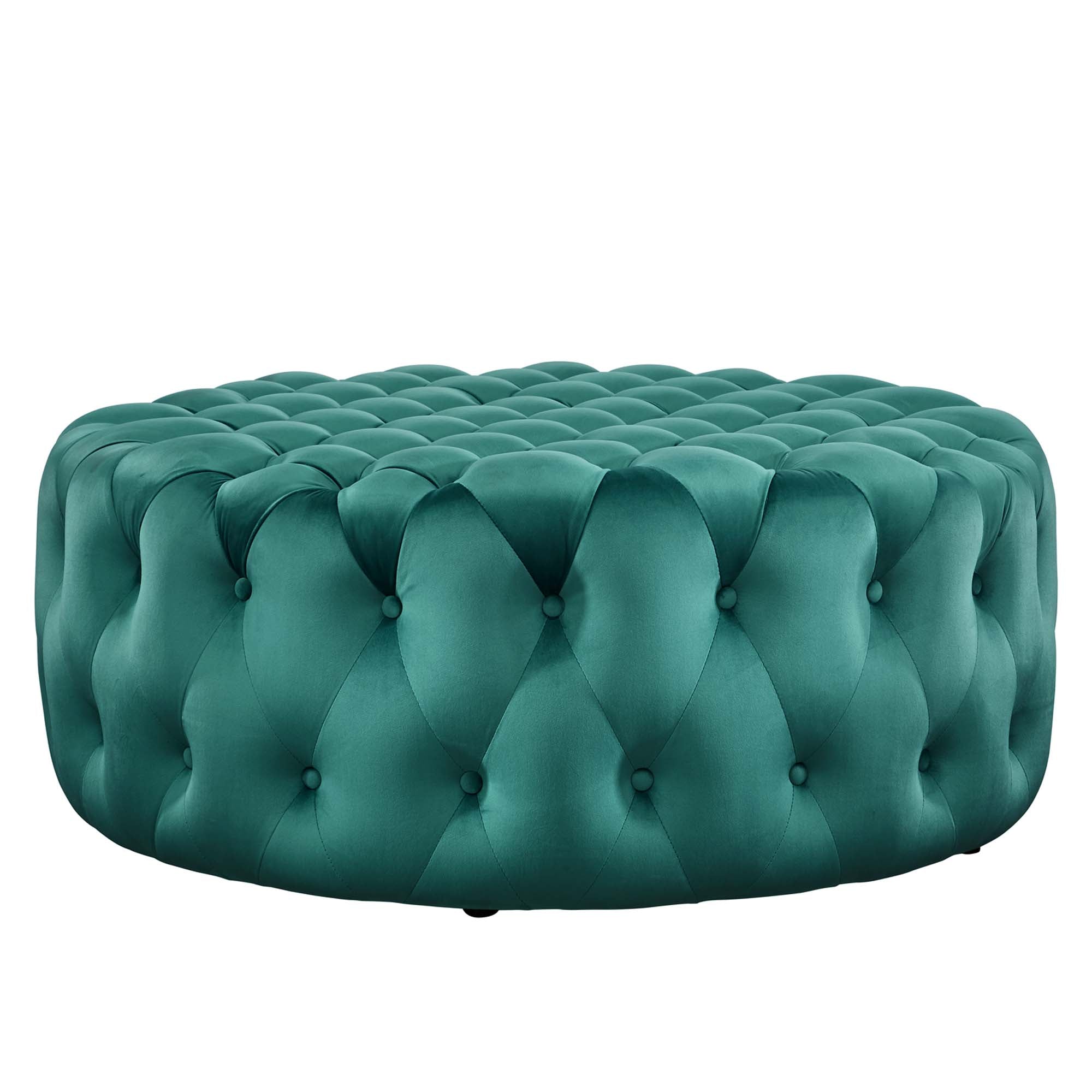 Amour Tufted Button Large Round Performance Velvet Ottoman, Teal