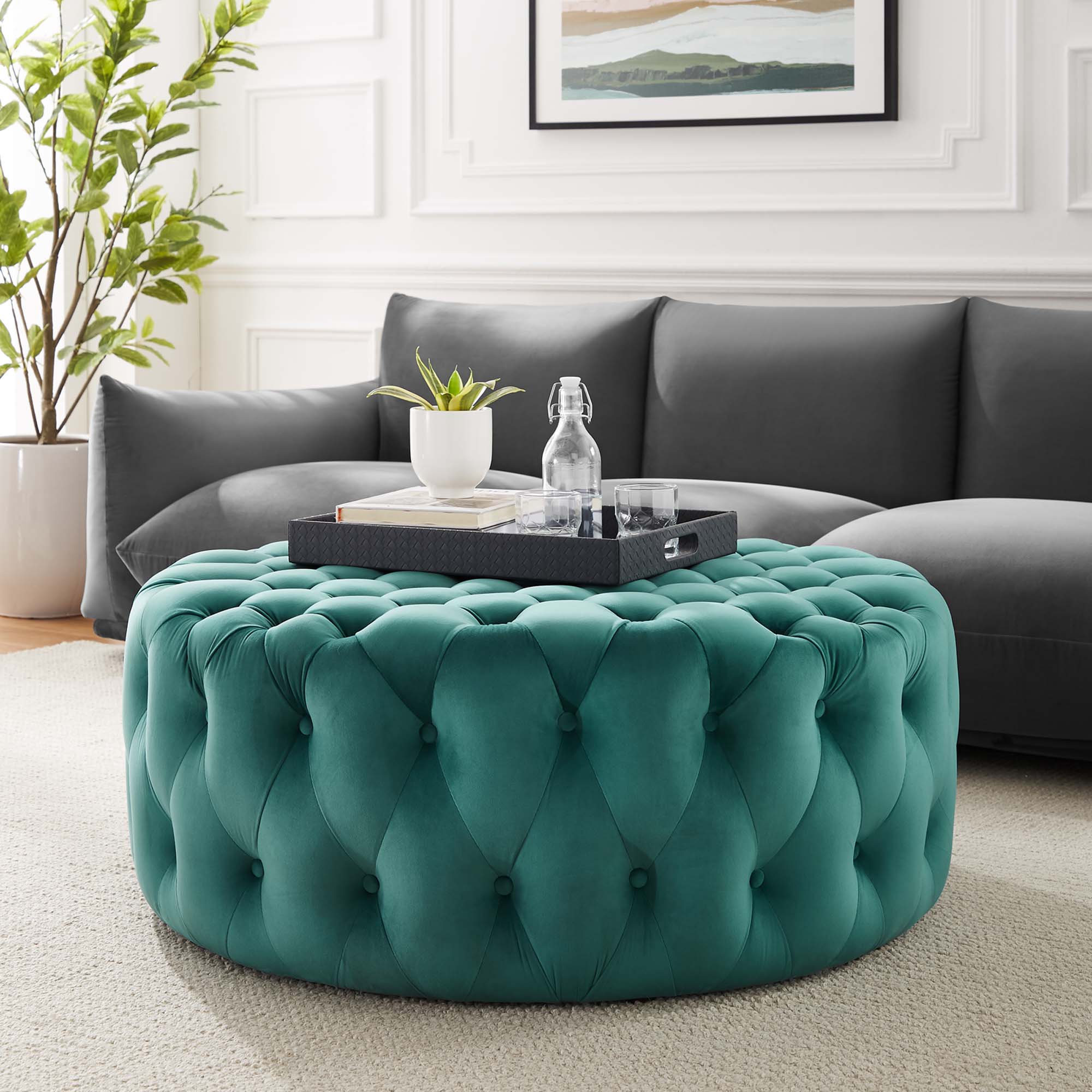 Amour Tufted Button Large Round Performance Velvet Ottoman, Teal