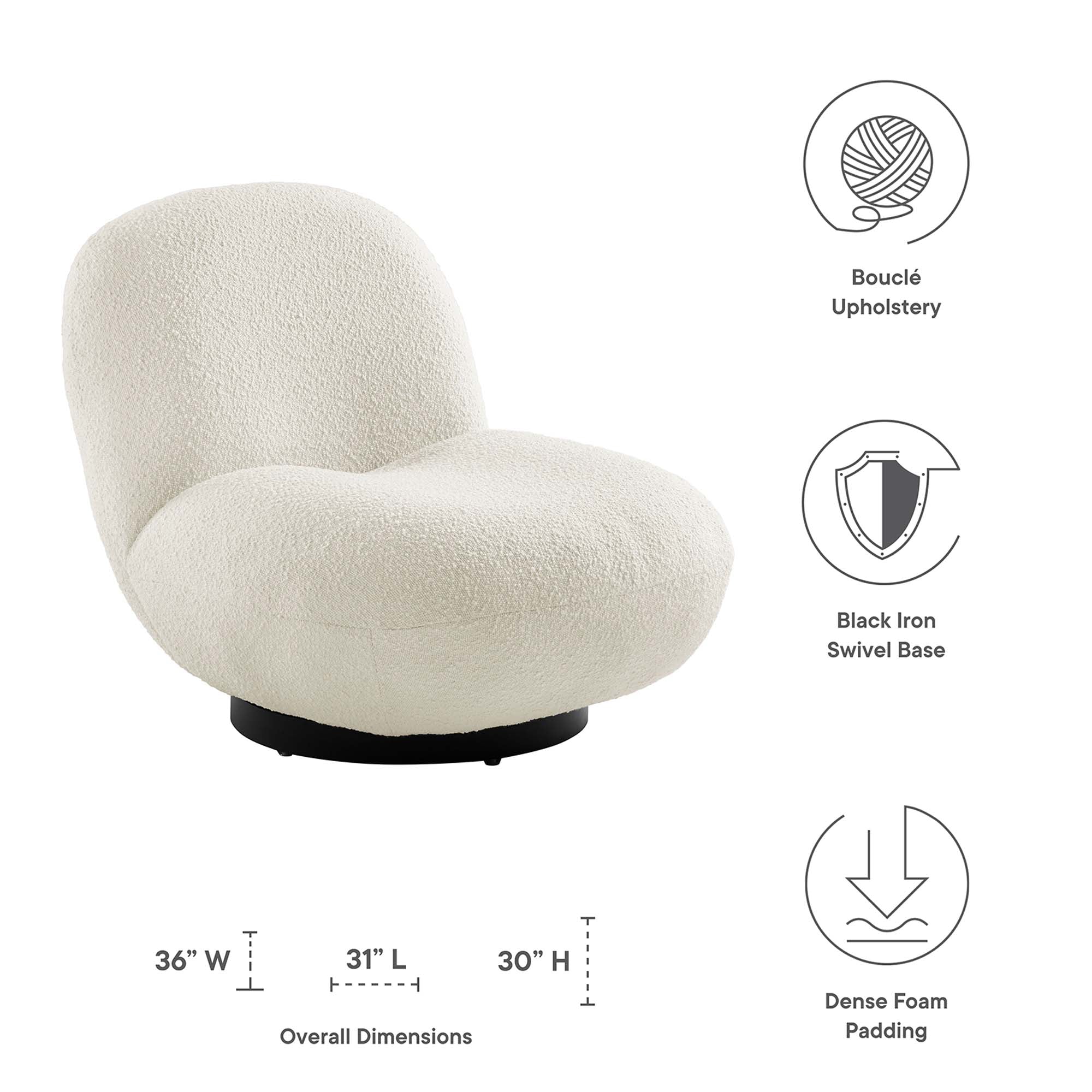 Kindred Boucle Upholstered Upholstered Fabric Swivel Chair, Black Ivory