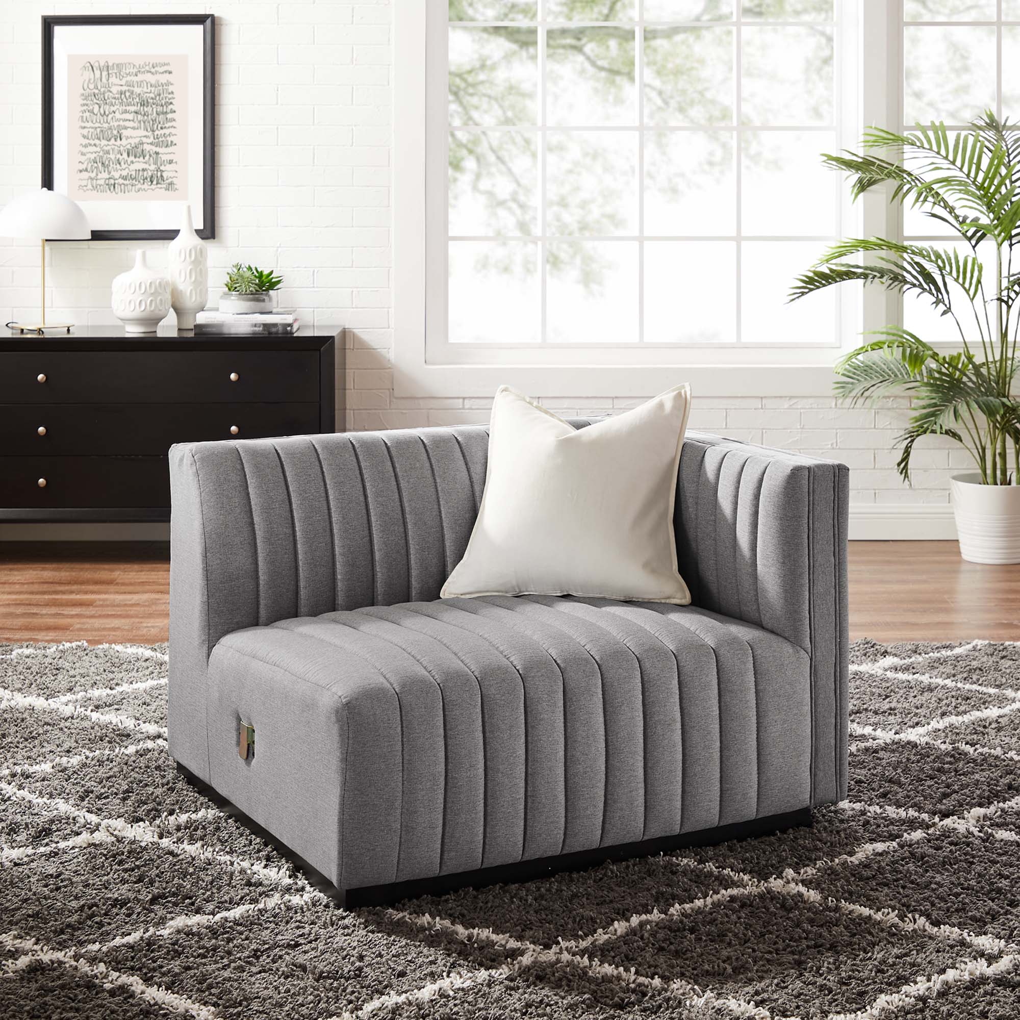 Conjure Channel Tufted Upholstered Fabric Right-Arm Chair, Black Light Gray