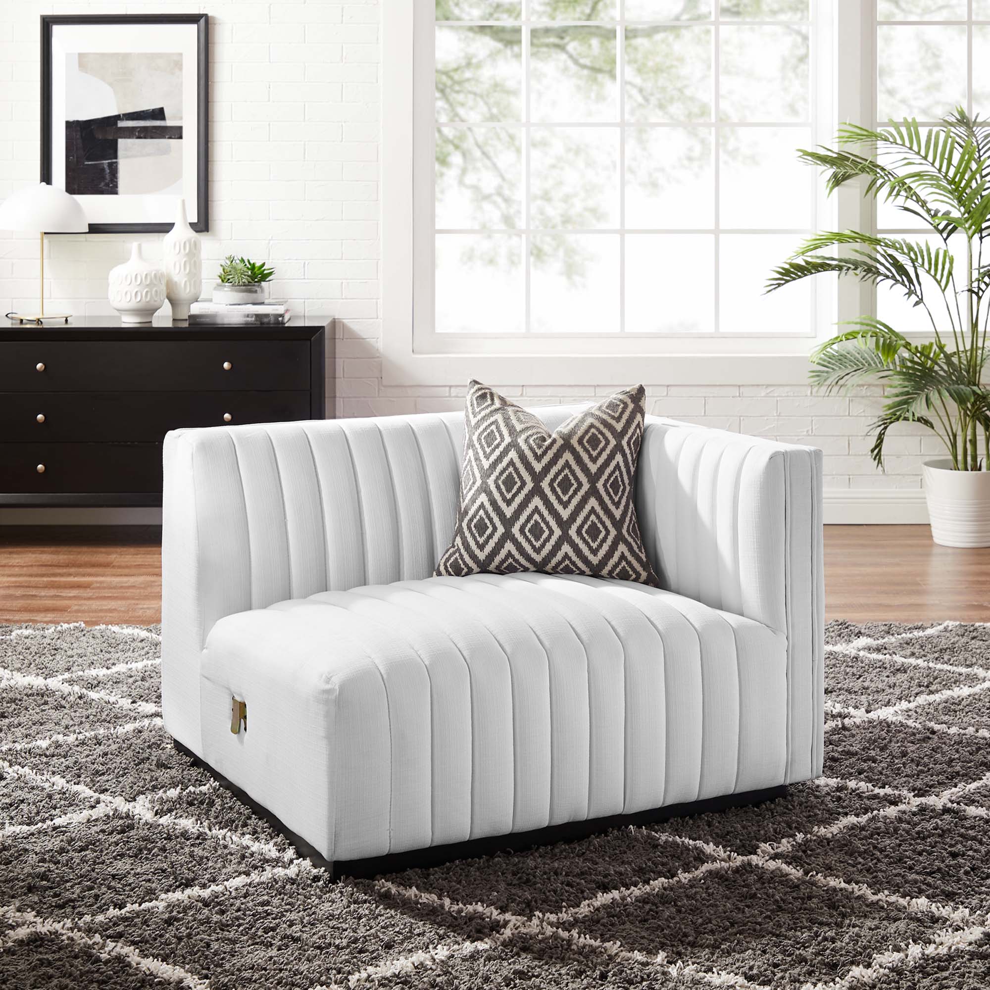 Conjure Channel Tufted Upholstered Fabric Right-Arm Chair, Black White