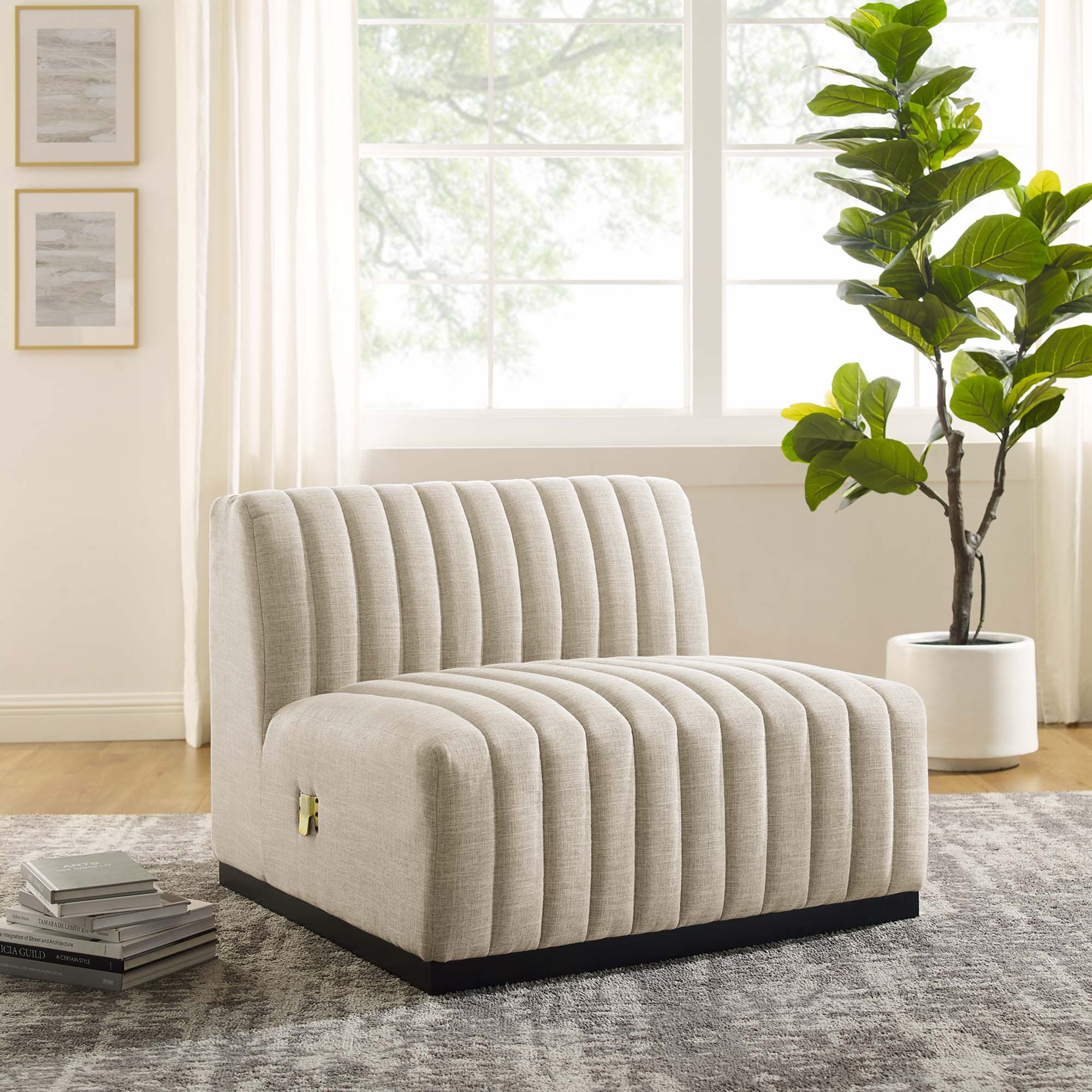 Conjure Channel Tufted Upholstered Fabric Armless Chair, Black Beige