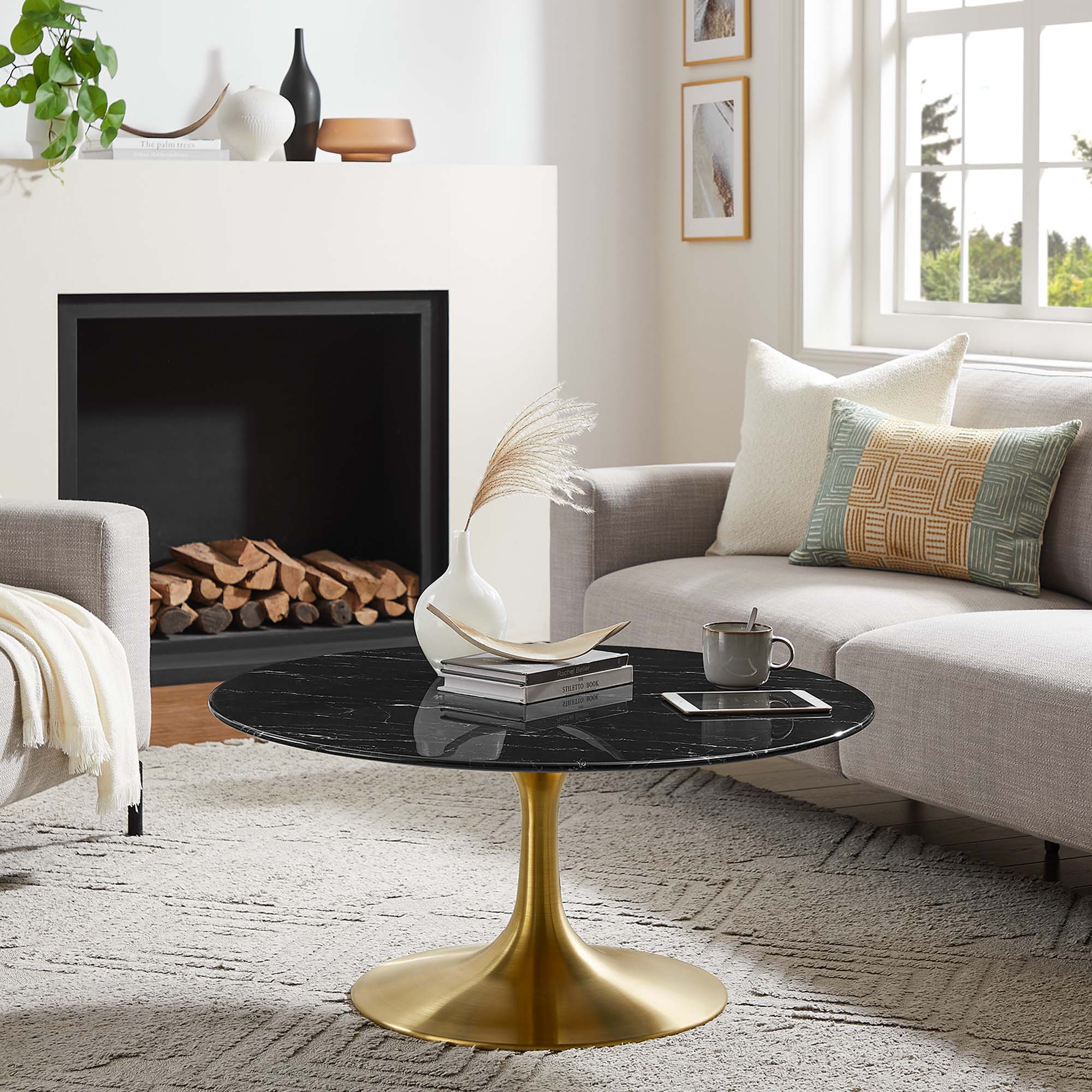 Lippa 36" Round Faux Marble Coffee Table, Gold Black