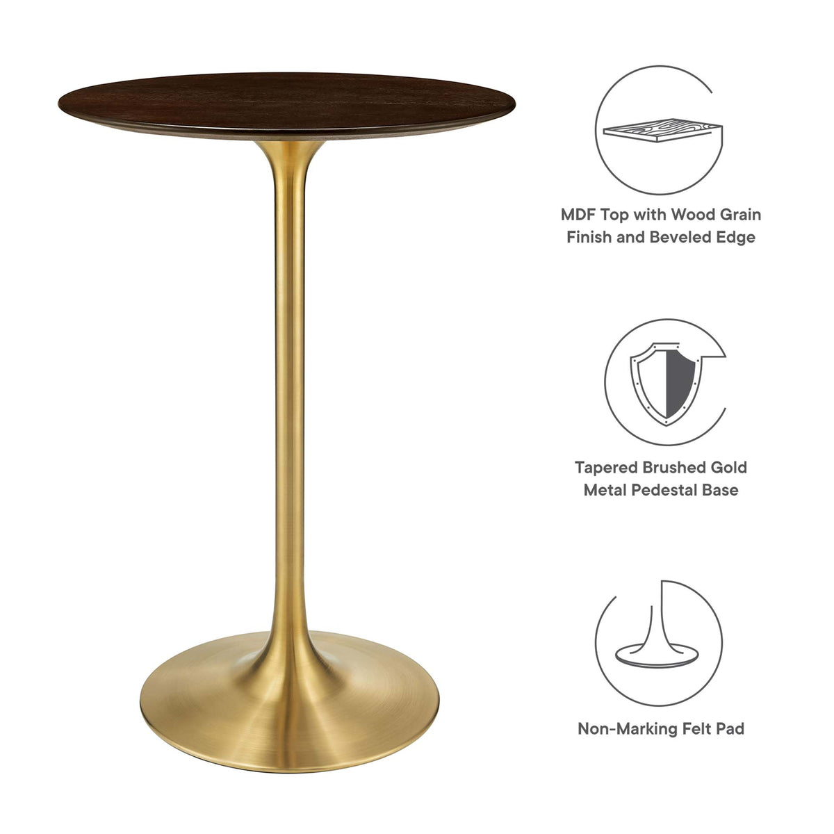 Lippa 28" Round Cherry Walnut Wood Bar Table, Gold Cherry Walnut