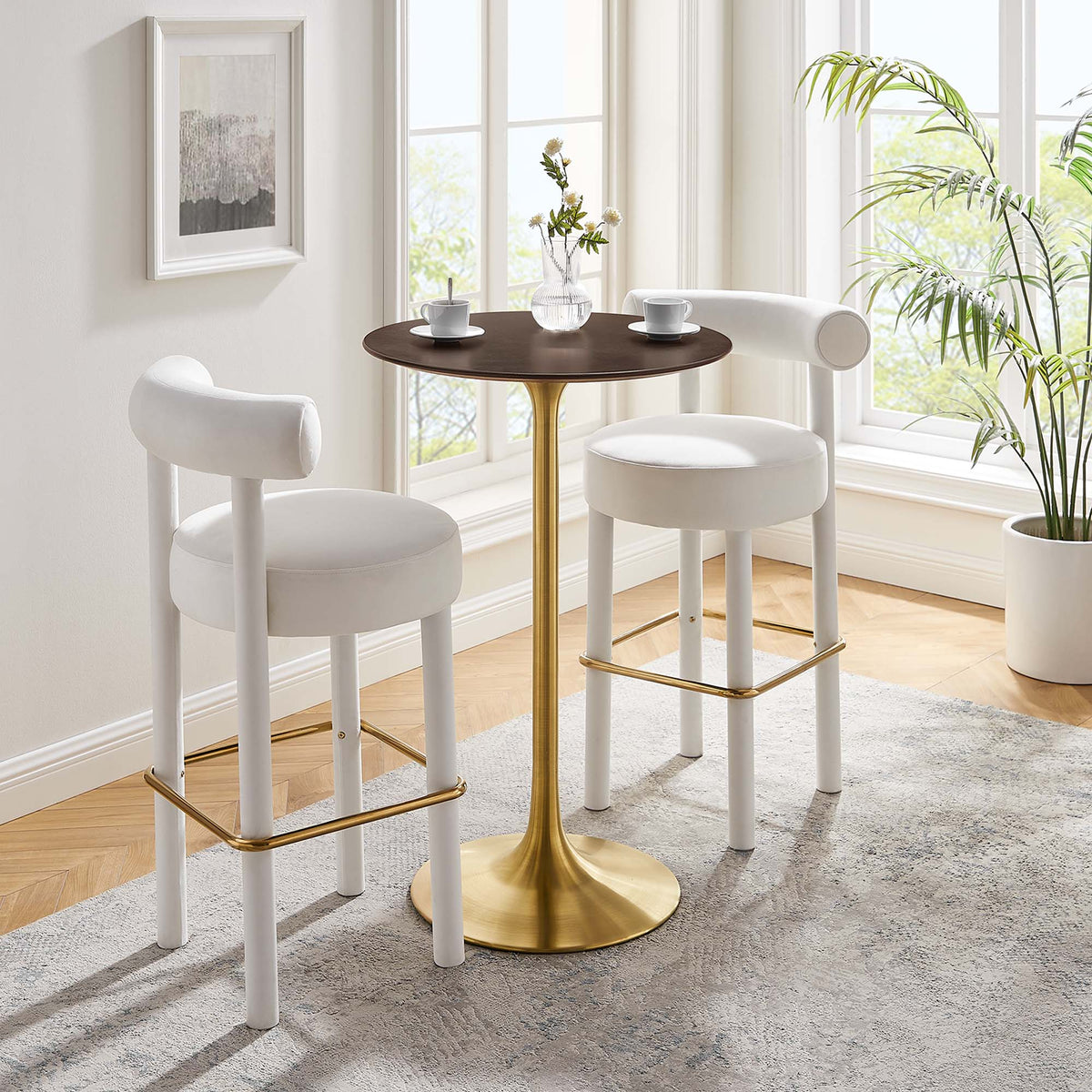 Lippa 28" Round Cherry Walnut Wood Bar Table, Gold Cherry Walnut