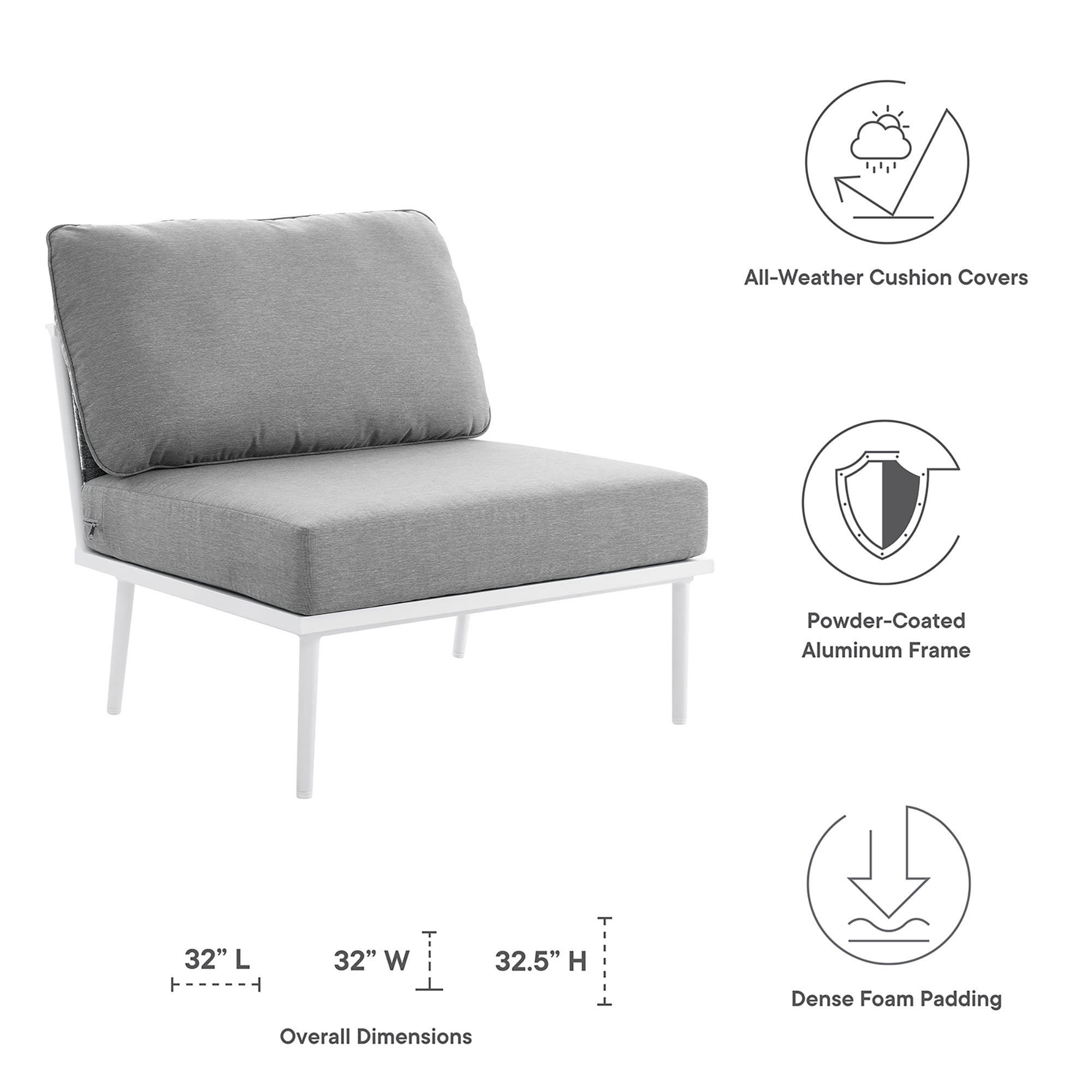 Stance Outdoor Patio Aluminum Armless Chair, White Gray