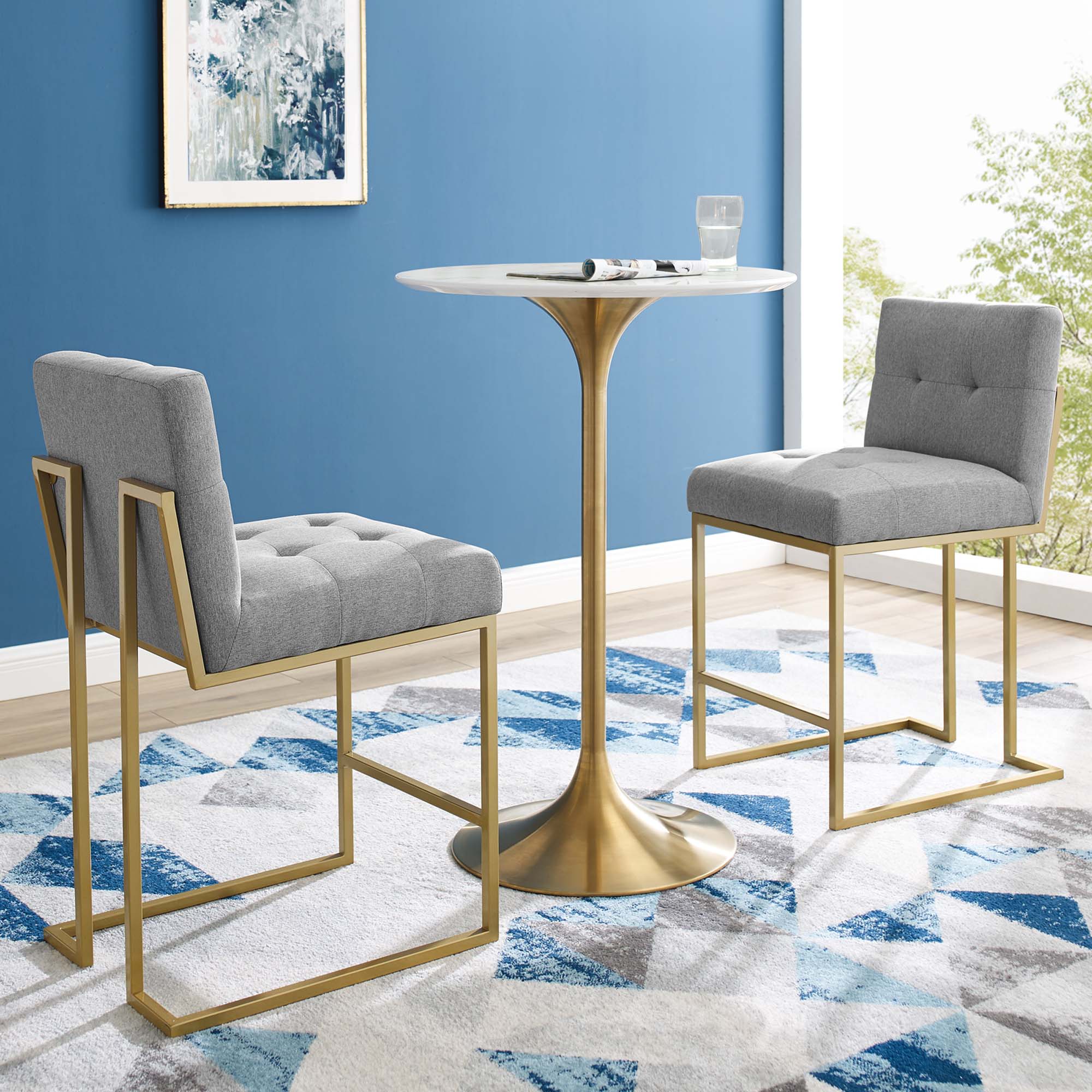 Privy Upholstered Fabric Counter Stool Set of 2, Gold Light Gray
