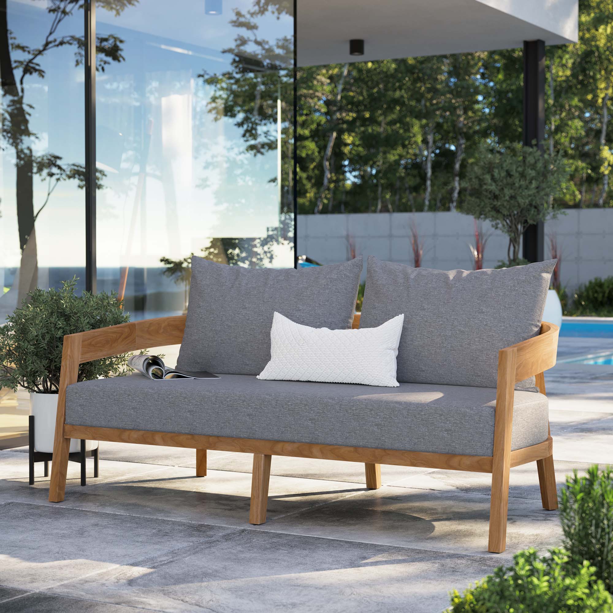Brisbane Teak Wood Outdoor Patio Loveseat, Natural Gray