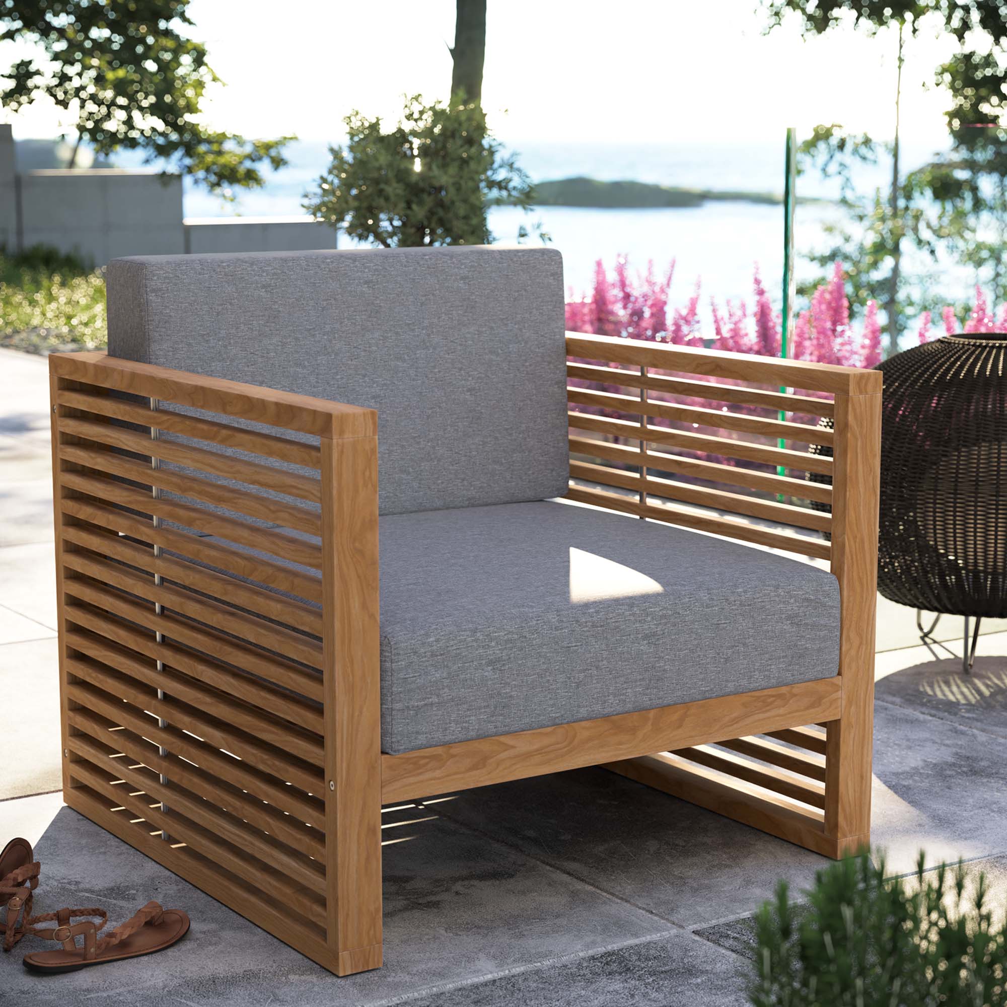 Carlsbad Teak Wood Outdoor Patio Armchair, Natural Gray