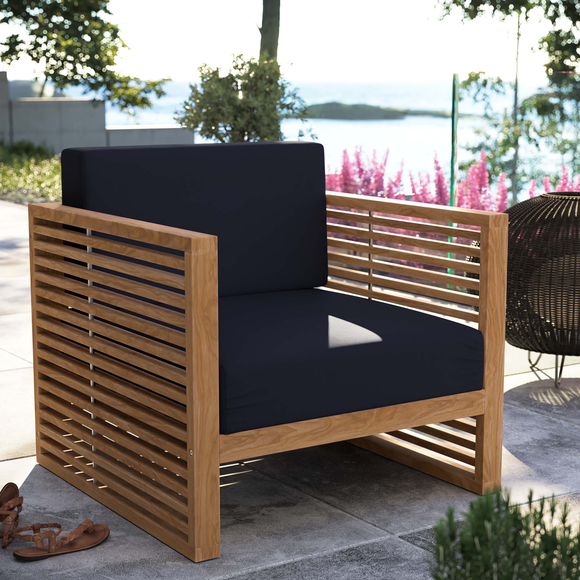 Carlsbad Teak Wood Outdoor Patio Armchair, Natural Navy