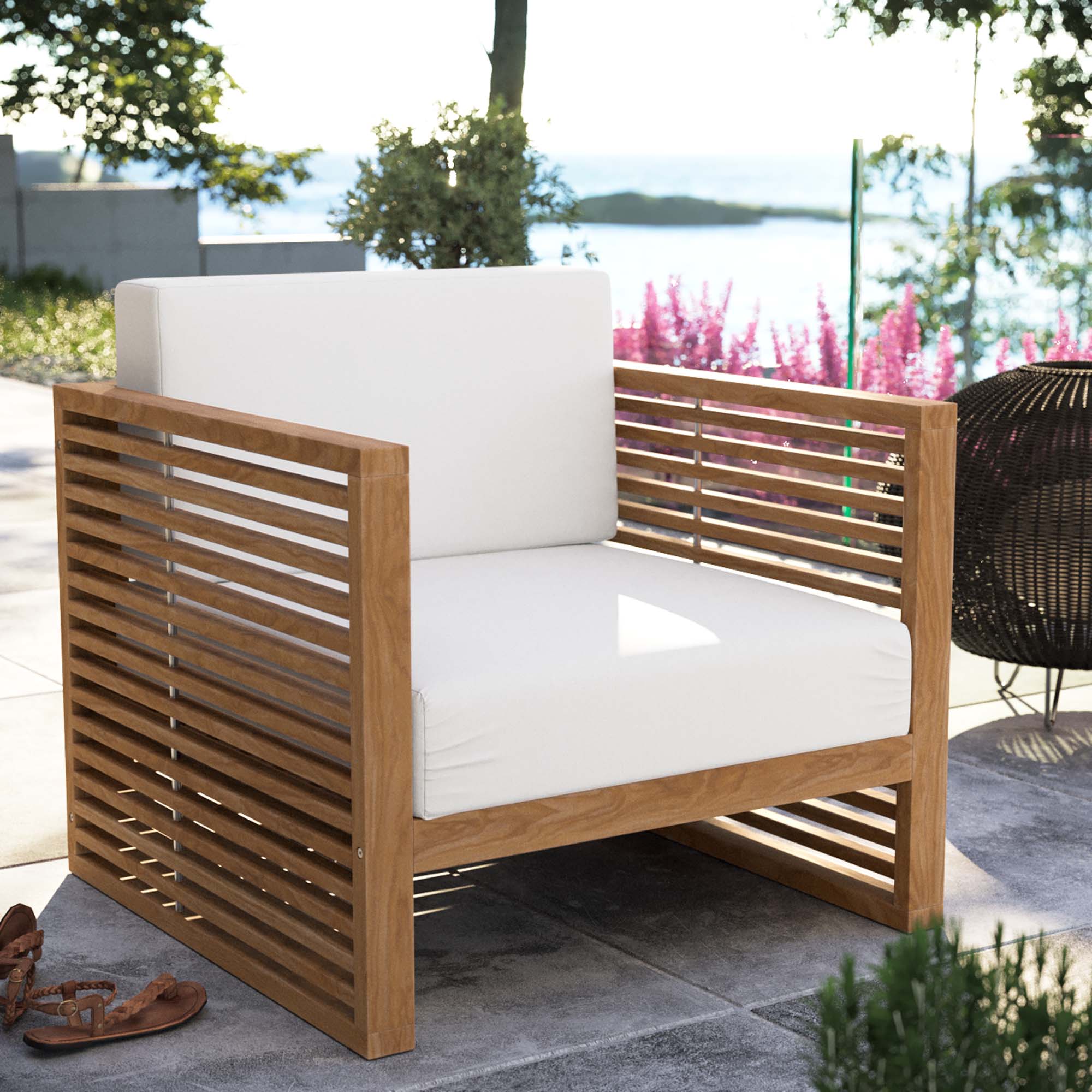 Carlsbad Teak Wood Outdoor Patio Armchair, Natural White