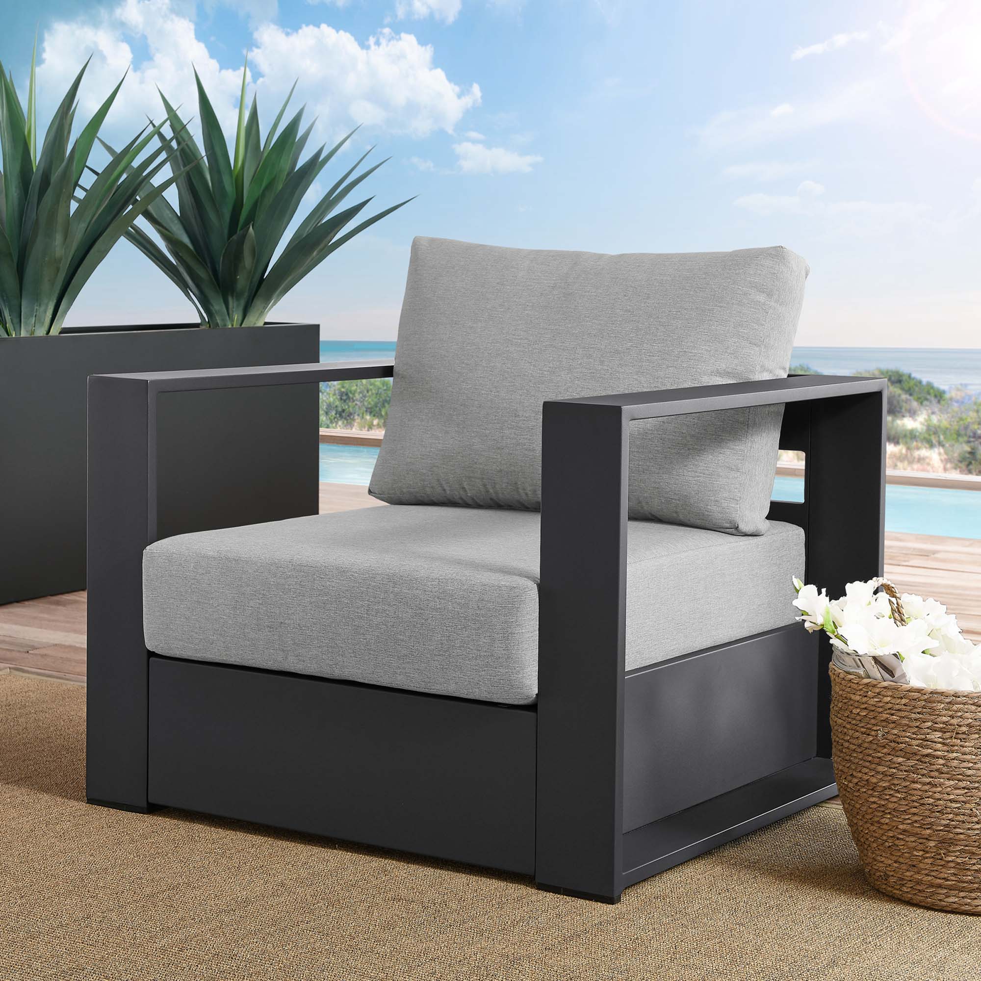 Tahoe Outdoor Patio Powder-Coated Aluminum Armchair, Gray Gray