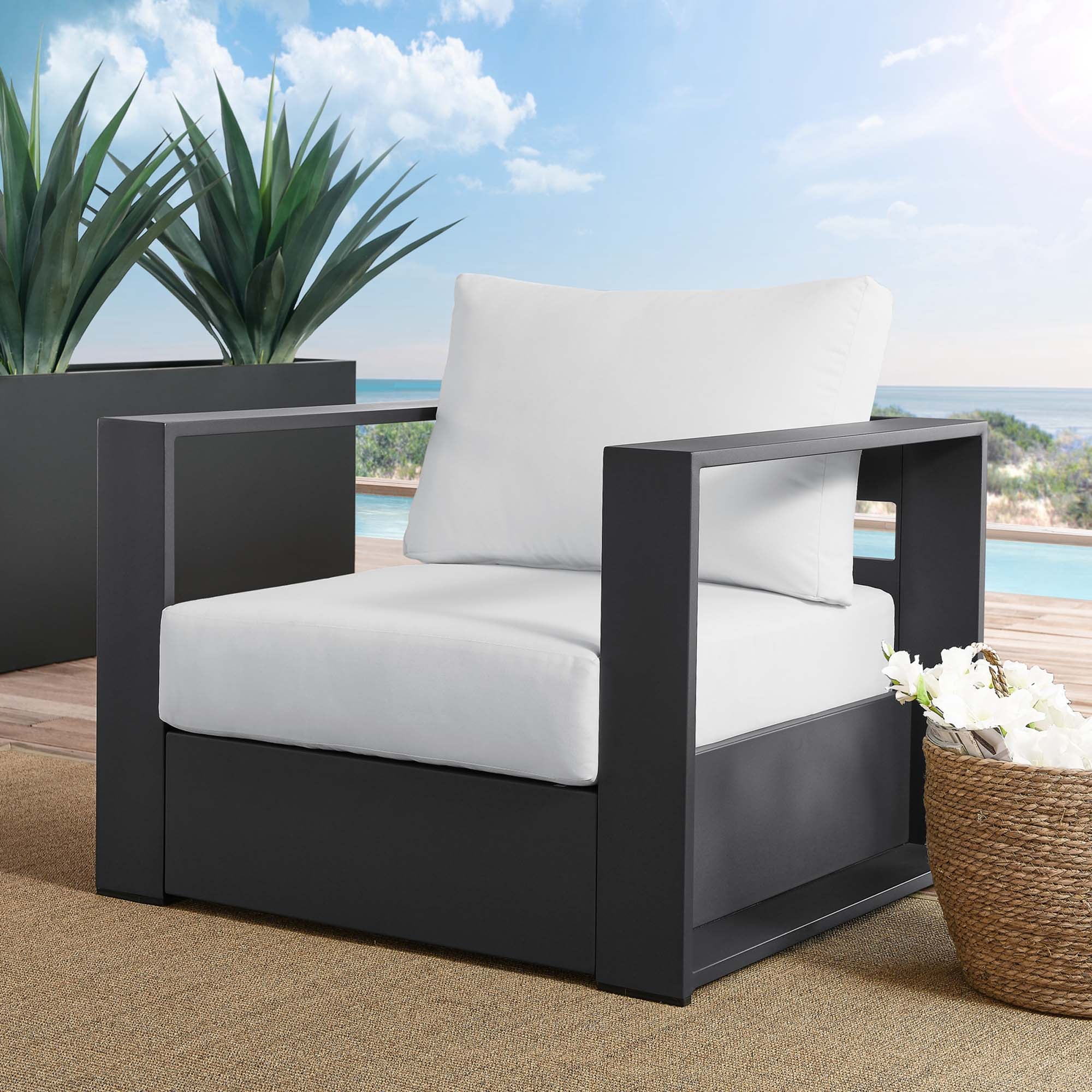 Tahoe Outdoor Patio Powder-Coated Aluminum Armchair, Gray White