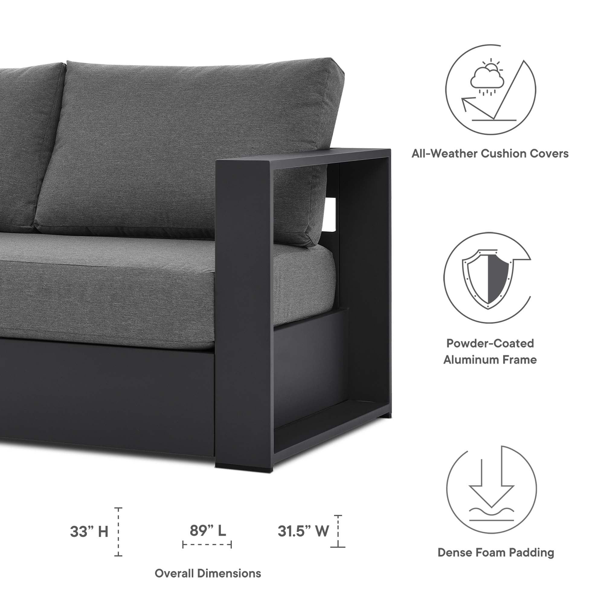 Tahoe Outdoor Patio Powder-Coated Aluminum Sofa, Gray Charcoal