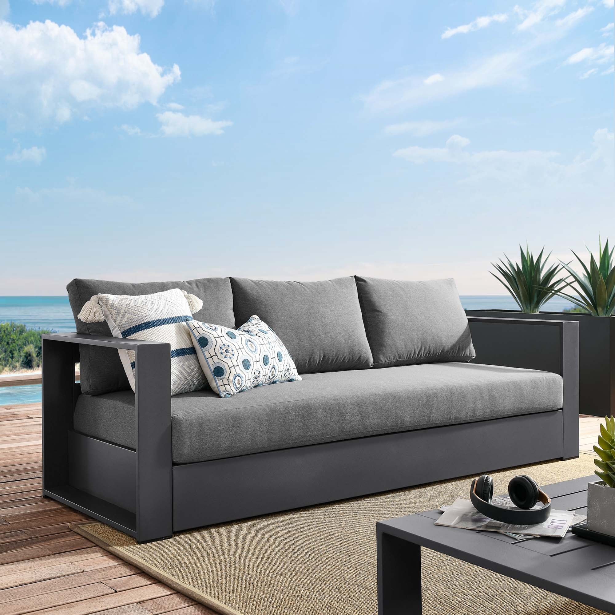Tahoe Outdoor Patio Powder-Coated Aluminum Sofa, Gray Charcoal