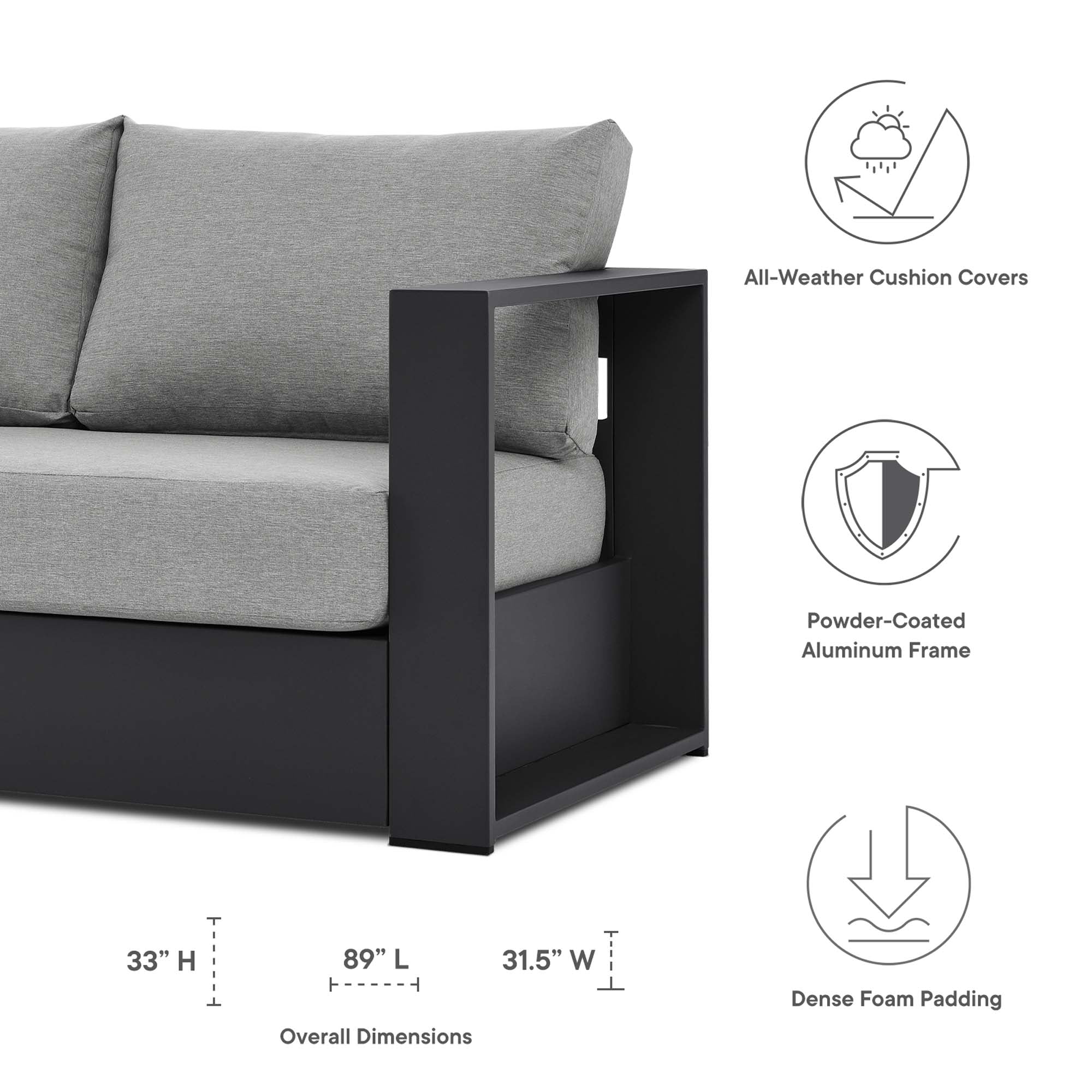 Tahoe Outdoor Patio Powder-Coated Aluminum Sofa, Gray Gray
