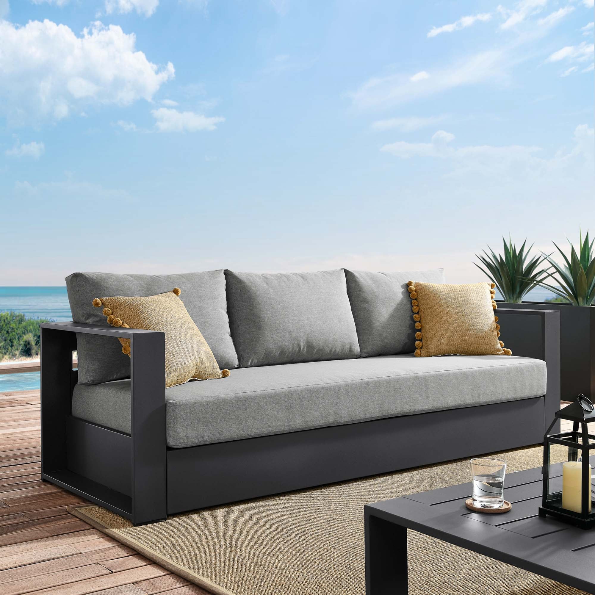 Tahoe Outdoor Patio Powder-Coated Aluminum Sofa, Gray Gray