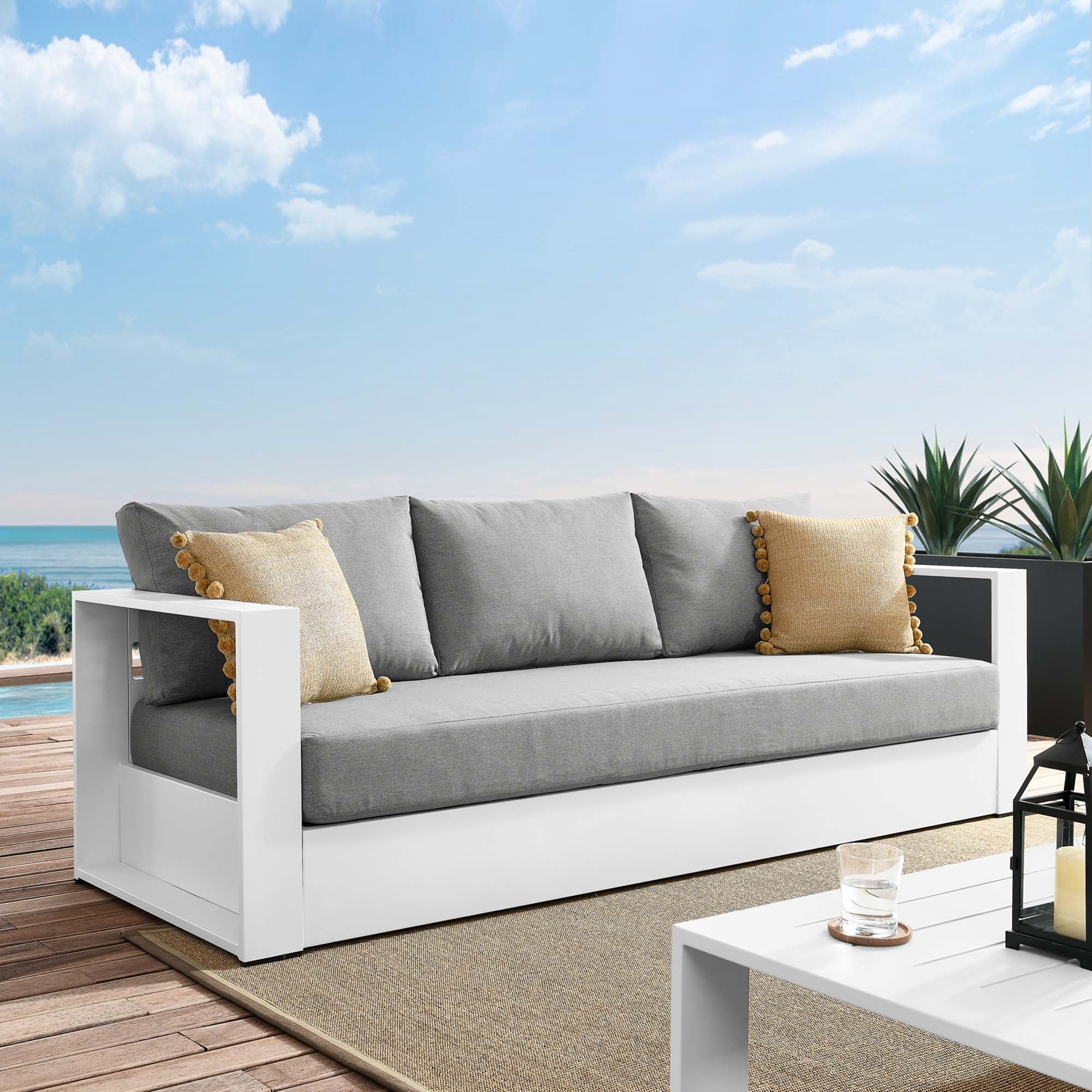 Tahoe Outdoor Patio Powder-Coated Aluminum Sofa, White Gray