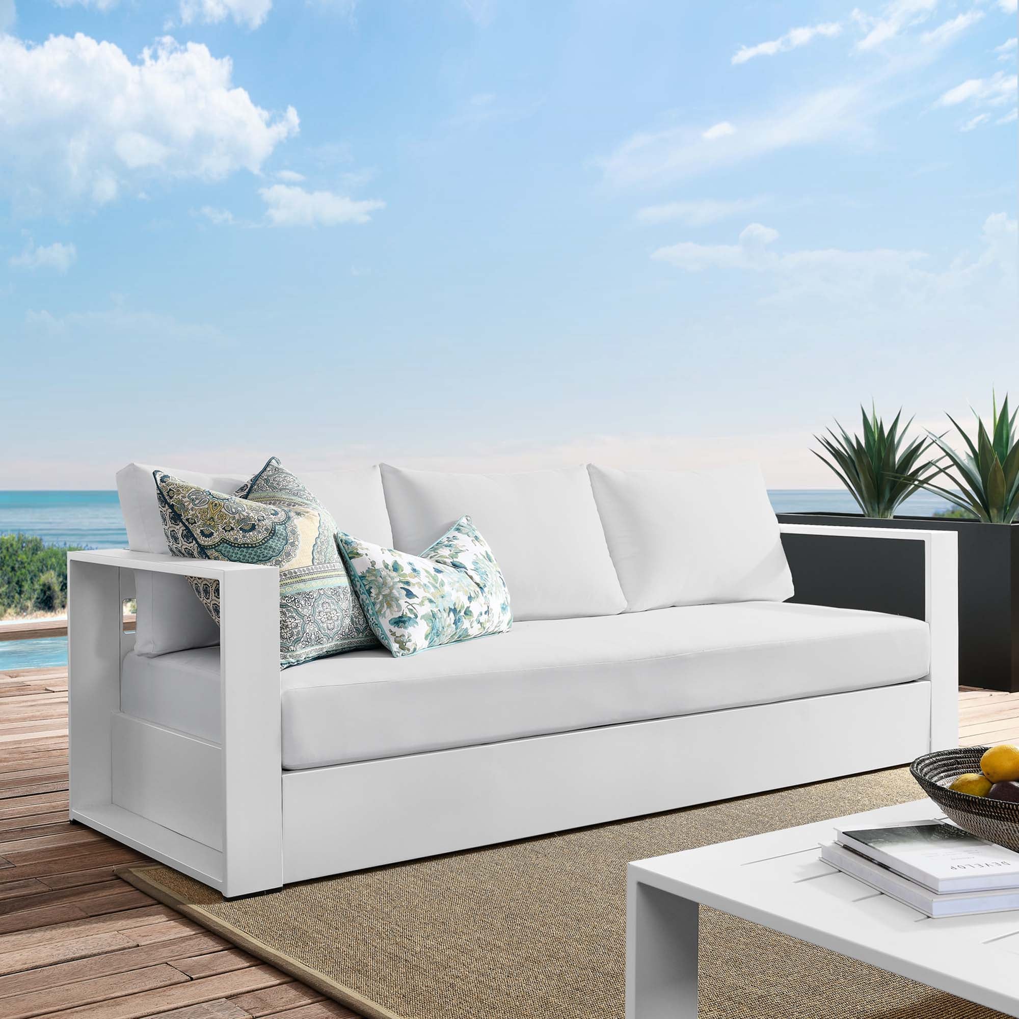 Tahoe Outdoor Patio Powder-Coated Aluminum Sofa, White White