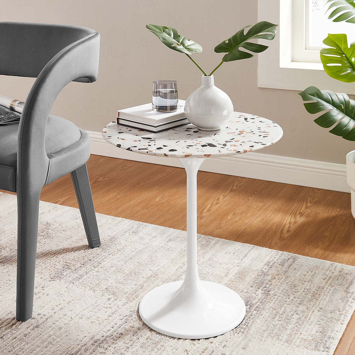 Lippa 20" Round Terrazzo Side Table, White Terrazzo